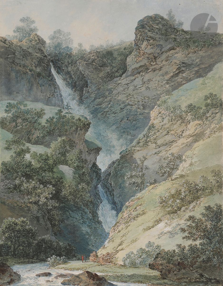 Marquard WOCHER (Mimmenhausen 1760 - Bâle 1830)
Vue animée des chutes de Reichenbach
Aquarelle sur traits de crayon noir.
Signée en bas à droite sur le montage et située au verso du montage.
(Dessin collé en plein, quelques usures dans le haut).
40,7 x 31,2 cm