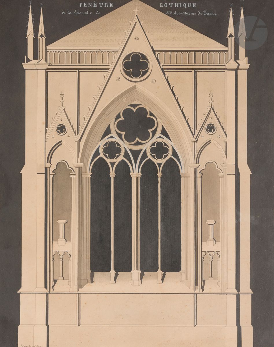 Jules BLANCHARD (Puiseaux 1832 - 1916)
Fenêtre gothique de Notre-Dame de Paris
Plume et encre noire, lavis gris, gouache blanche.
Signée en bas à gauche.
Titrée en haut au centre à la gouache blanche. 
(Petites taches).
56 x 43,4 cm