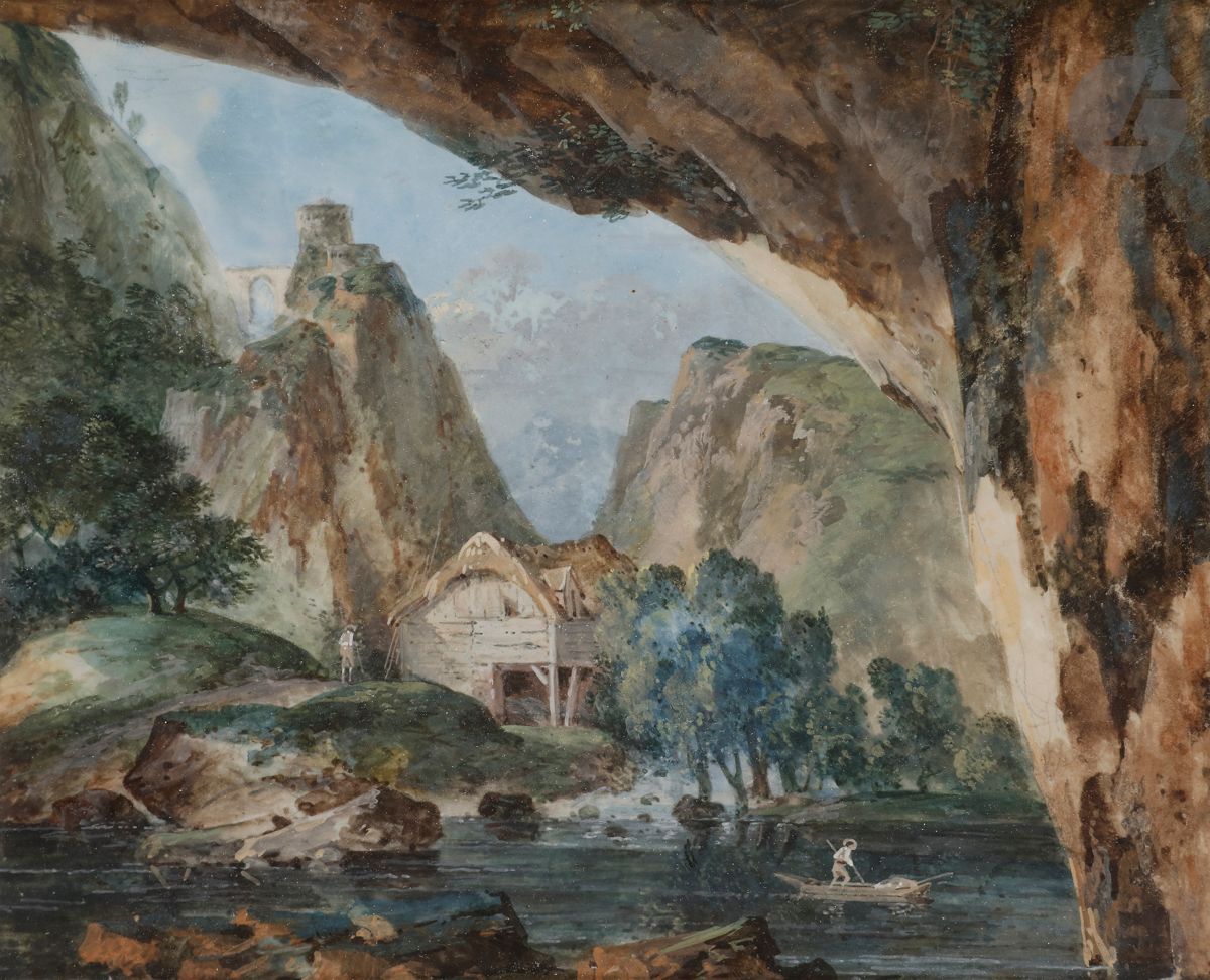 *Attribué à LOUIS MOREAU
 (Paris 1727 - 1794)
Paysage montagneux
Gouache
(Écaillures).
20 x 42 cm
On joint une gouache monogrammée « LM ».