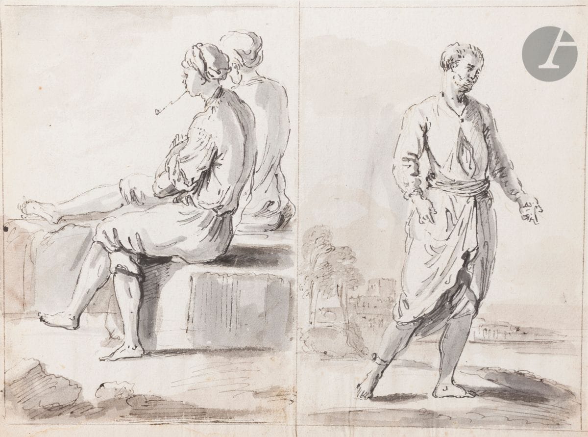 Attributed to Jean-Baptiste LALLEMAND (Dijon 1716 - Paris 1803) Five drawings depicting Oriental figures Mixed media: Pen and black ink over black pencil lines, brown wash, gray wash, white gouache highlights, estompe (small stains, slightly unstained, small tear). 17 x 23 cm approx., one in portrait format.