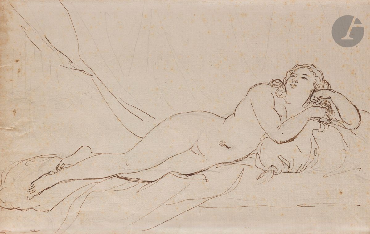 ÉCOLE FRANÇAISE du début du XIXe siècle
Femme nue allongée
Plume et encre brune sur traits de crayon noir.
Annotée anciennement au verso : « Elève de Girodet ».
(Rousseurs et pliures).
24 x 36,5 cm