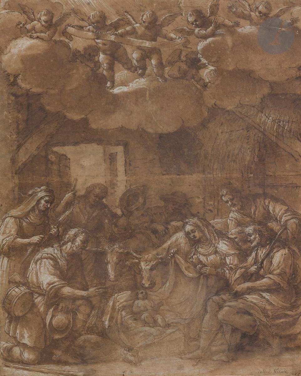 ÉCOLE D’ITALIE DU NORD du XVIe siècle
L’Adoration des bergers
Plume et encre brune, lavis brun et rehauts de gouache blanche.
(Pliures).
39 x 28 cm