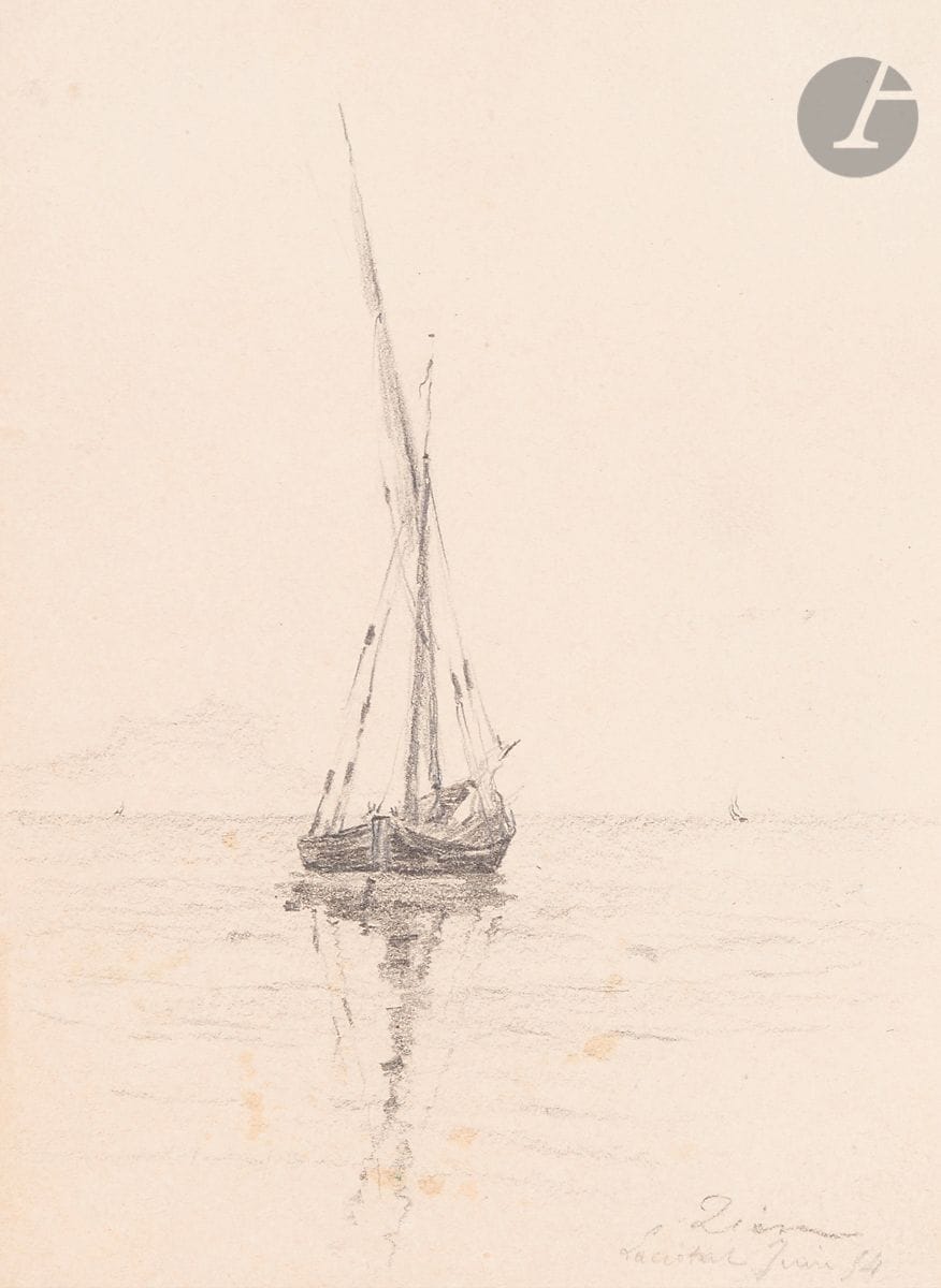 Félix ZIEM (Beaune 1821 - Paris 1911)
Lot de six dessins de marine sur deux montages
Crayon noir. 
Six dessins signés en bas à droite.
Quatre dessins situés et datés en bas à droite.
Un dessin sur papier bleu.
(Légères rousseurs sur deux dessins).
13,5 x 9 cm pour le plus petit
13,8 x 18,3 cm pour le plus grand