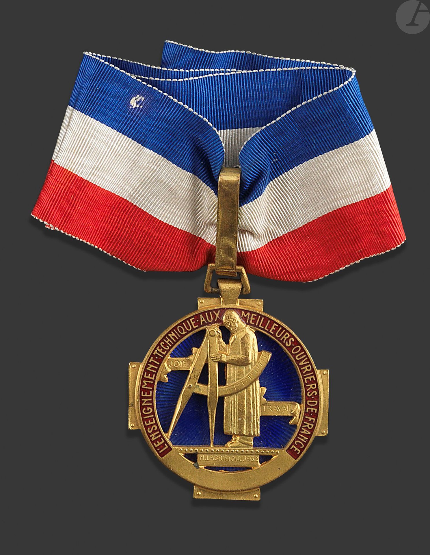 FRANCE

Insignia of best worker of France (M.O.F).

In gilt bronze and enamelled. Tricolour tie with attachments.

48 x 43 mm

T.T.B. to SUP.