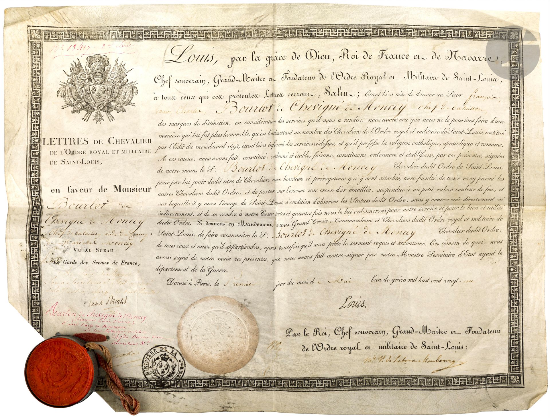 FRANCE 

ORDRE ROYAL et MILITAIRE DE SAINT-LOUIS, institué en 1693. 

Brevet de chevalier de l Ordre royal et militaire de Saint-Louis du Chef de bataillon François Bourlon de Chevigné de Moncey, aide de camp du Maréchal Moncey. 

Sur vélin. En-tête et cachet sec aux Grandes Armes de France. Signatures « Louis » et du ministre de la Guerre Latour-Maubourg.

Fait à Paris le 1er mai 1821.

31 x 40 cm

Avec son cachet de cire rouge aux grandes armes de France contenu dans une boîte en fer blanc, relié au brevet par un cordon rouge. 

A.B.E. Epoque Restauration. 



Provenance : 

Descendance du Maréchal MONCEY, Duc de Conegliano (Château de Vaivre).