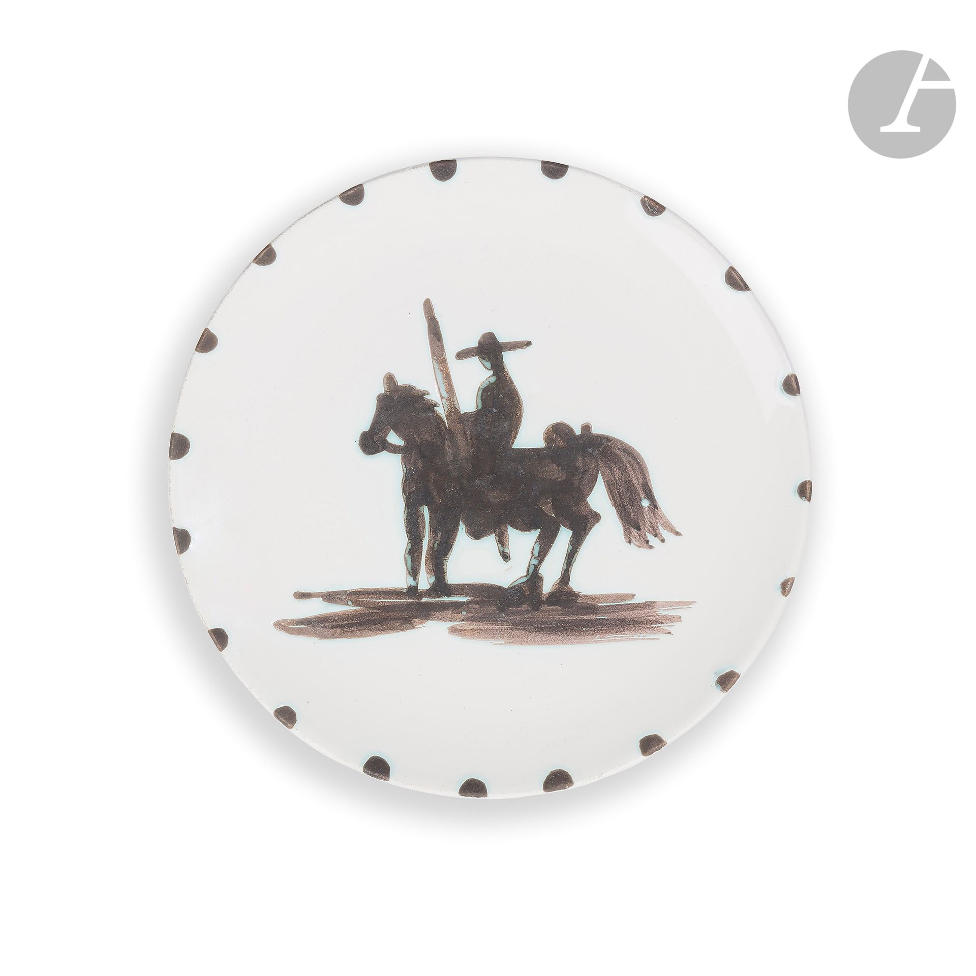 PABLO PICASSO (1881-1973) & ATELIER MADOURAPicador
, model created in [1952]
Plate round turned. 
Authentic replica, edited to five hundred copies made at Madoura. 
Proof in white earthenware; oxidized kerosene decoration; white and black enamel. 
Bears the stamps in hollow Edition PICASSO and MADOURA Plein Feu and marked Edition PICASSO under the base. 
Diameter: 19 cm. 

Bibliography: 
Alain Ramié - Picasso, catalog of the ceramic work published 1947-1971 - Madoura Editions, 1988
. 
Identical model reproduced on page 89 under the number 160 of the catalog.








