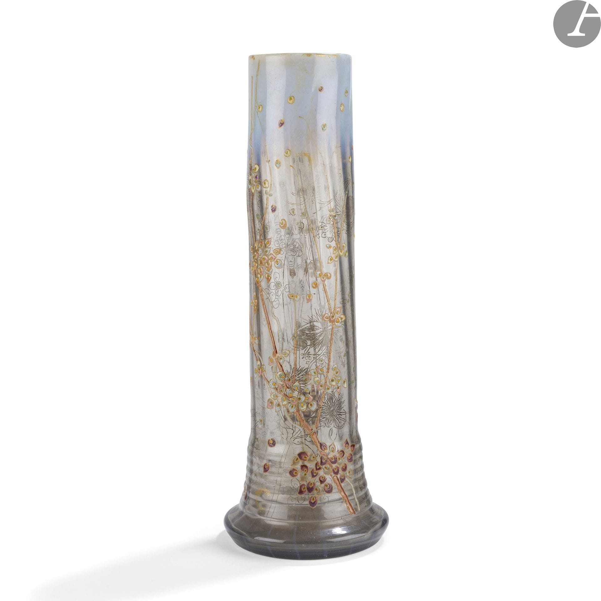 ÉMILE GALLÉ (1846-1904
)SymphorinesHigh
tube vase; the ringed and swollen base. Proof in glass slightly smoked and shaded with opalescence around the neck.
The decoration title revolving and enamelled polychrome on bottom of motives of thistles very finely realized with the engraving. Signed Émile GALLÉ with the carder and bears the mention deposited in gold under the base. H. 44,4 cm


