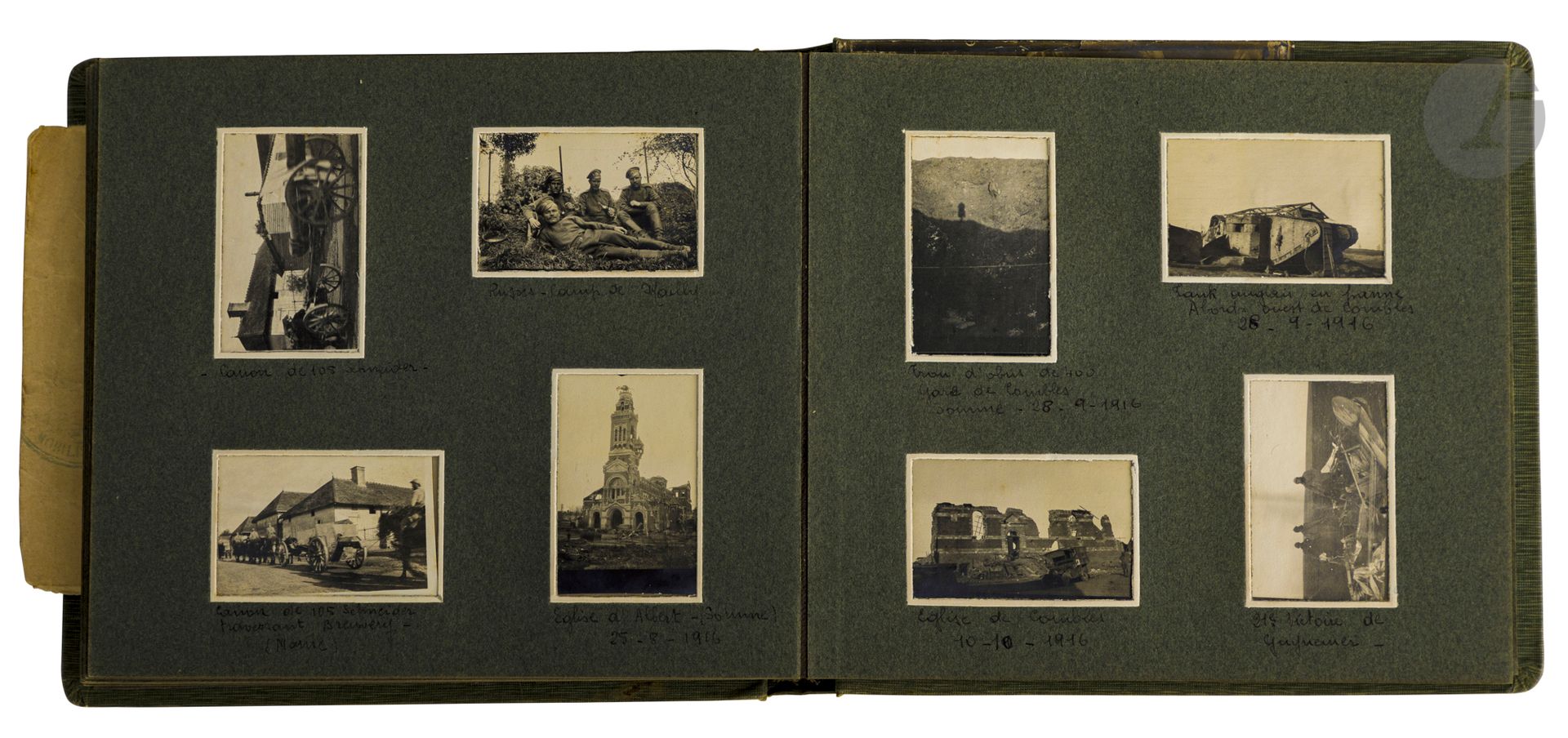 Album photos du brigadier d’artillerie Georges Gabriel Jean VIAUD (né en 1896) durant la 1re guerre mondiale. 
Bel ensemble de 101 photographies dont vues de Louppy le Château, Bois St Pierre,
Canons de 58, de 75, de 240 et de 380, parcs d’artillerie, avions, cuisines roulantes, 20e et 49e régiment d’artillerie, 8e bataillon de chasseurs, fort de Jonchery, russes du camp de Mailly, avion abattu par Guynemer, ballon d’observation.
Chaque photo identifiée ou située.
B.E. 
On y joint son livret et livret matricule d’homme de troupe.