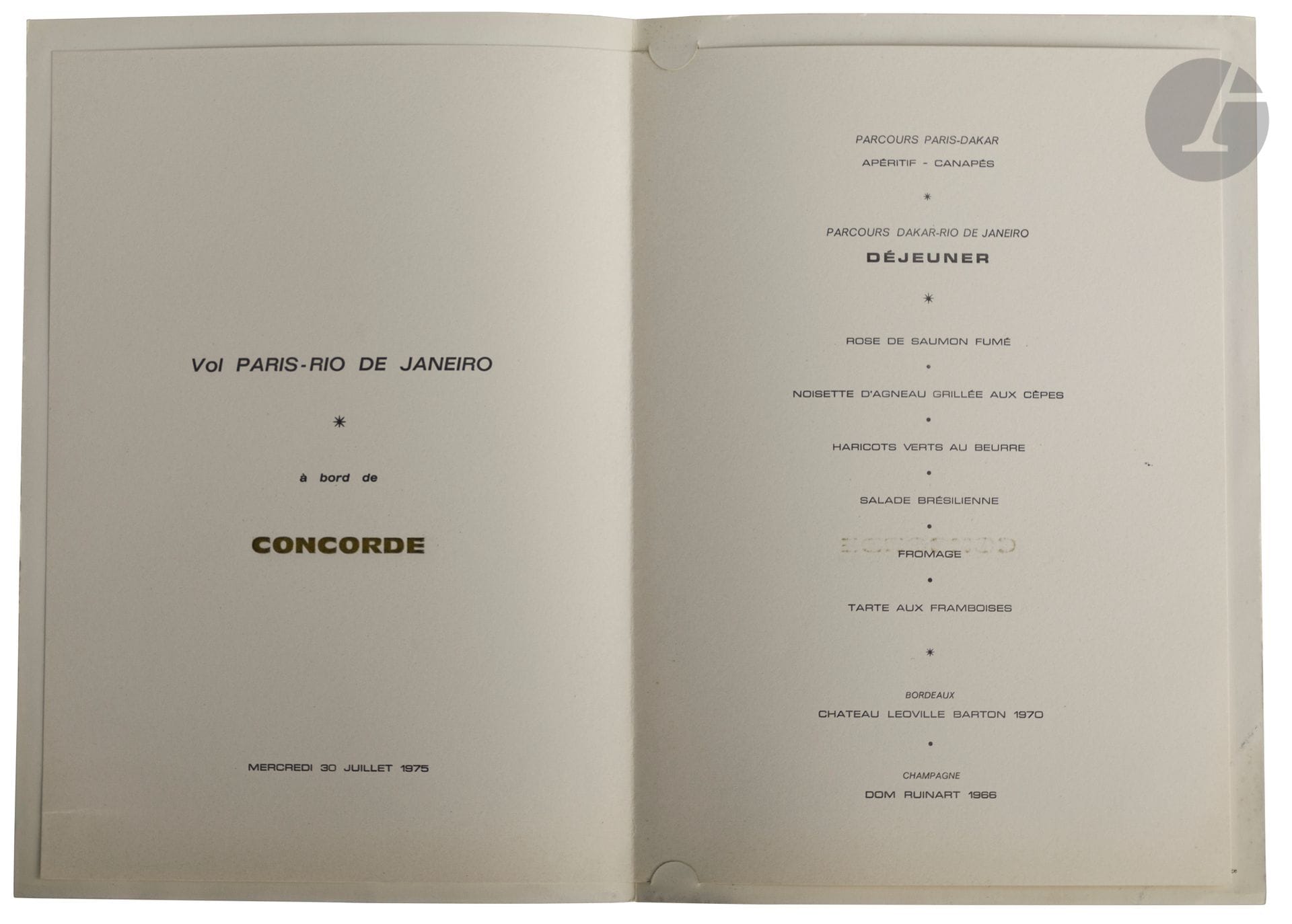Concorde Air France.
Flight Paris-Rio de Janeiro on board the Concorde.
Menu of Wednesday July 30, 1975.
bound by a cord.
29,5 x 21 cmB
.E.




