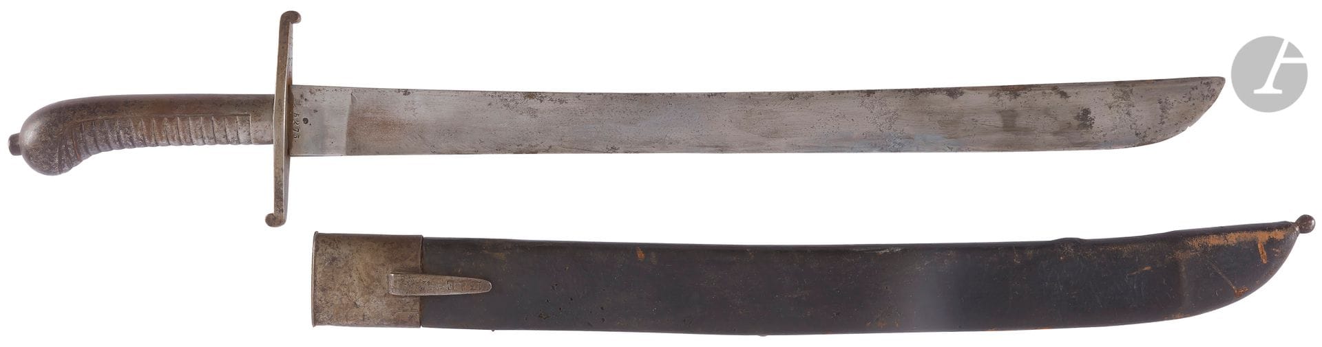 Württemberg infantry short sword Faschinenmesser model 1829. 
Iron frame stamped on the guard "13 AE-42" (13th artillery regiment) and under the guard "2-3-110". Straight, flat-backed blade, numbered at the heel.
Leather scabbard with iron cap and stinger.
B.E. About 1870.


