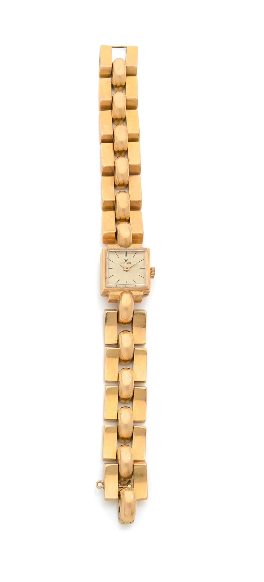 JAEGER LeCOULTRE. Circa 1950No.

641Women's 18K (750) gold wristwatch, repainted gold dial with Rolex signature, baton numeral hour markers, winding movement signed JLC, integrated 18K gold Tank-type bracelet.
Movement signed.
Dimensions: 16.5 mm x 21 mm 
Length: 18
mmGross
weight
: 48 g





