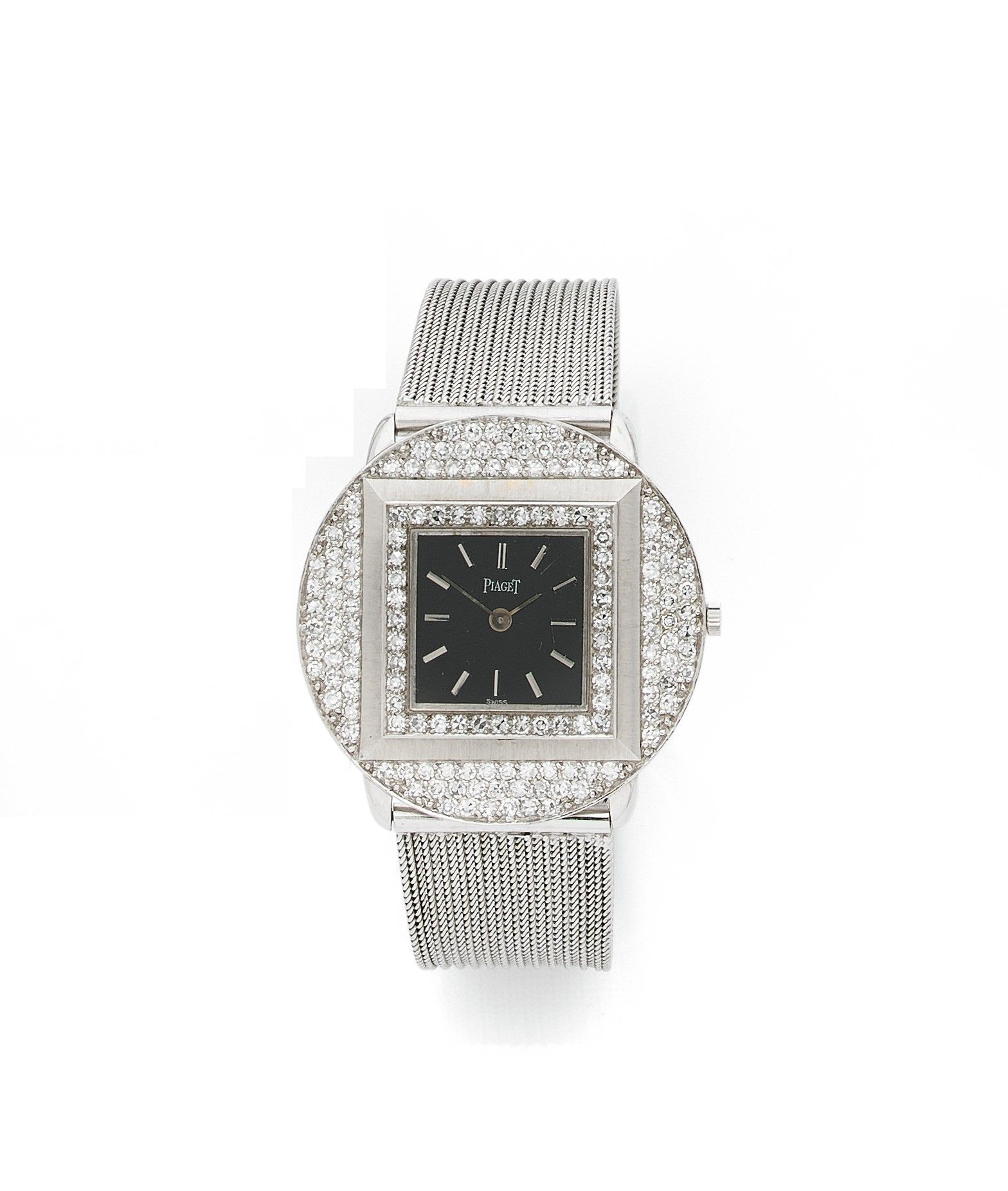 PIAGET Ref 9107. Circa 1980No.

525Women's 18K (750) white gold wristwatch, bezel and case set with brilliant-cut diamonds, black dial, applied baton hour markers, mechanical winding movement caliber 9P No. 600666, unsigned white gold bracelet.
Dial, case and movement signed.
Diameter: 34 mmLength
: 17 cm 
Gross weight: 54.7 g





