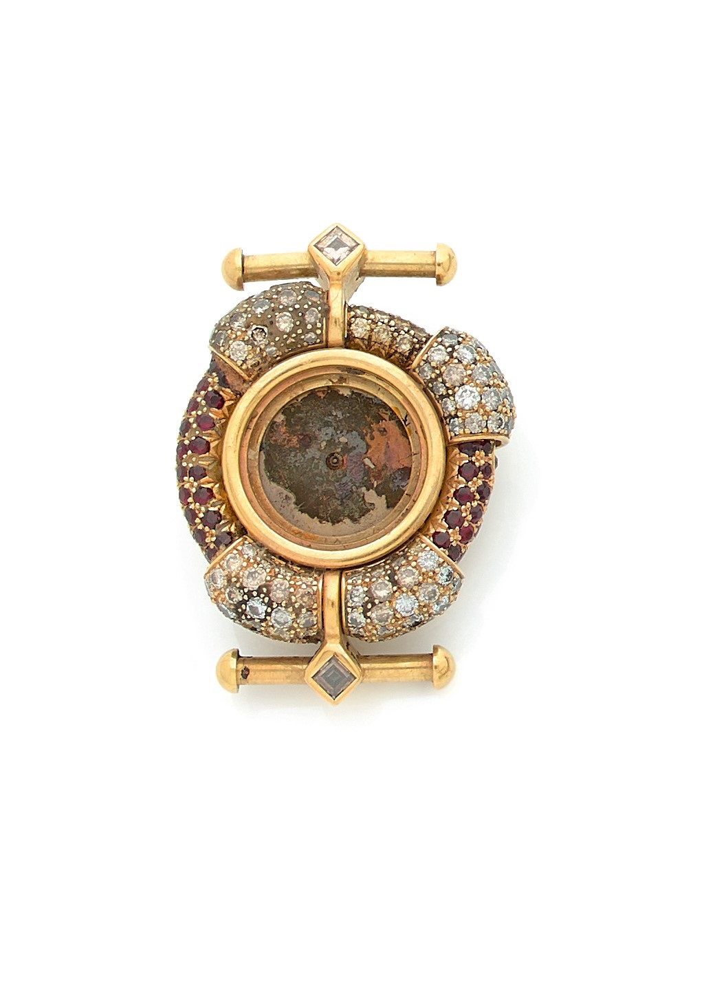 RENé BOIVIN. Circa 2000No.

J-0130Women's wristwatch in 18K (750) gold, case set with diamonds and rubies, dial and quartz movement out of order. Case signed.
Gross weight : 45 gWatch
sold as is, following a fire
.


