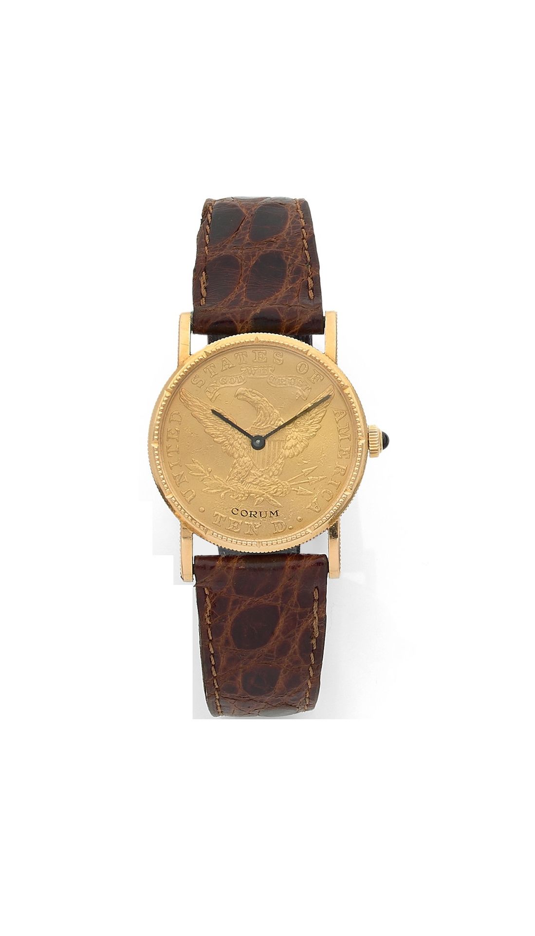 CORUM. Circa 1970No.

846818K (750) gold ladies' wristwatch. Case from a 10-dollar coin, grooved bezel, mechanical winding movement No. 62579, leather strap, unsigned gilt metal pin buckle.
Dial, case and movement signed.
Diameter: 28
mmGross
weight
: 26 g




