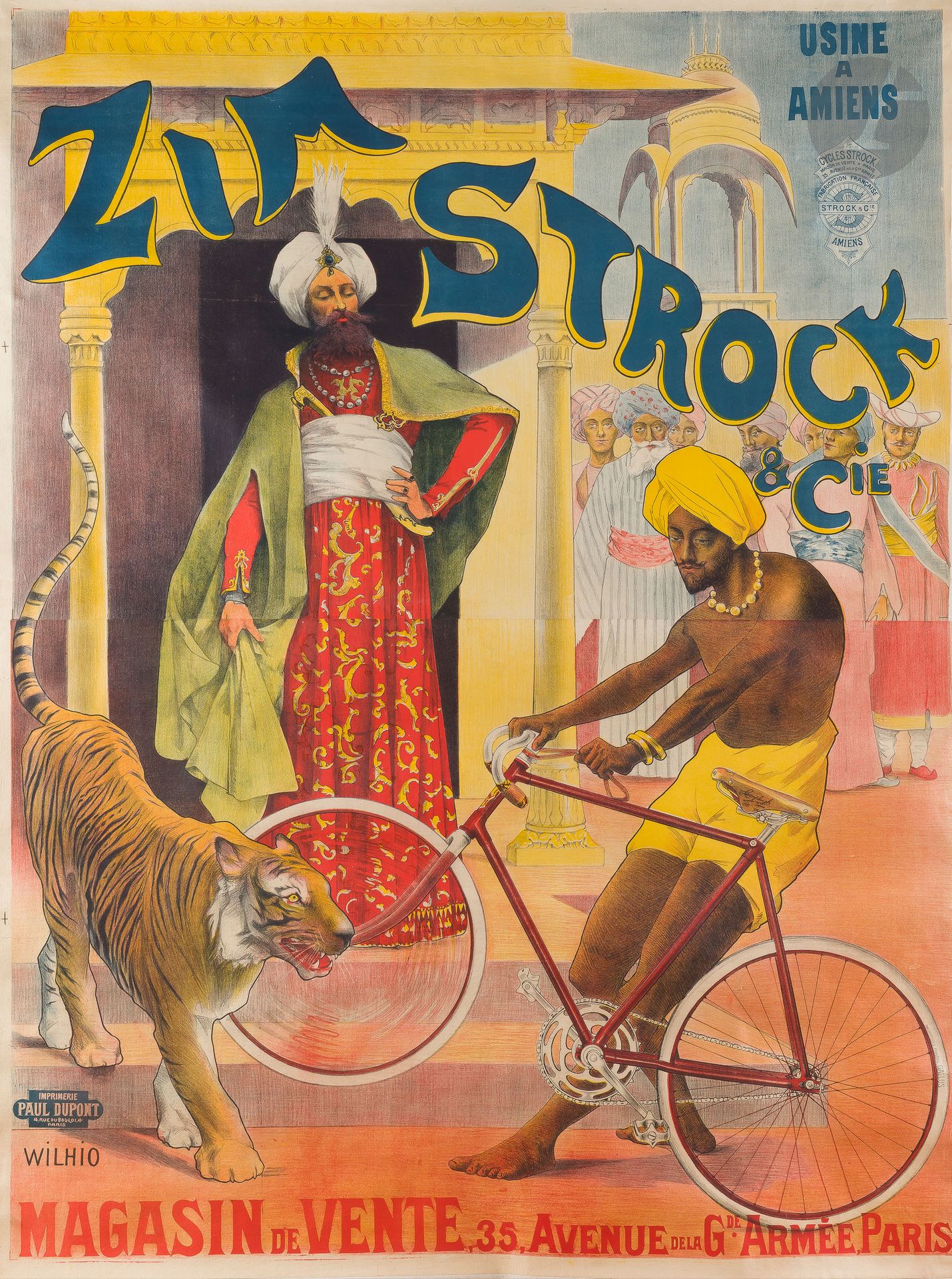 WILHIO (XIXe-XXe siècle)
Cycles Zim Strock & Cie, usine à Amiens
Chromolithographie en 2 feuilles. Entoilée.
Imp. Paul Dupont, 4 rue du Bouloi, Paris.
Signée en bas à gauche.
Très bon état.
162 x 120 cm

Bibliographie :
La Petite reine, n° 68.