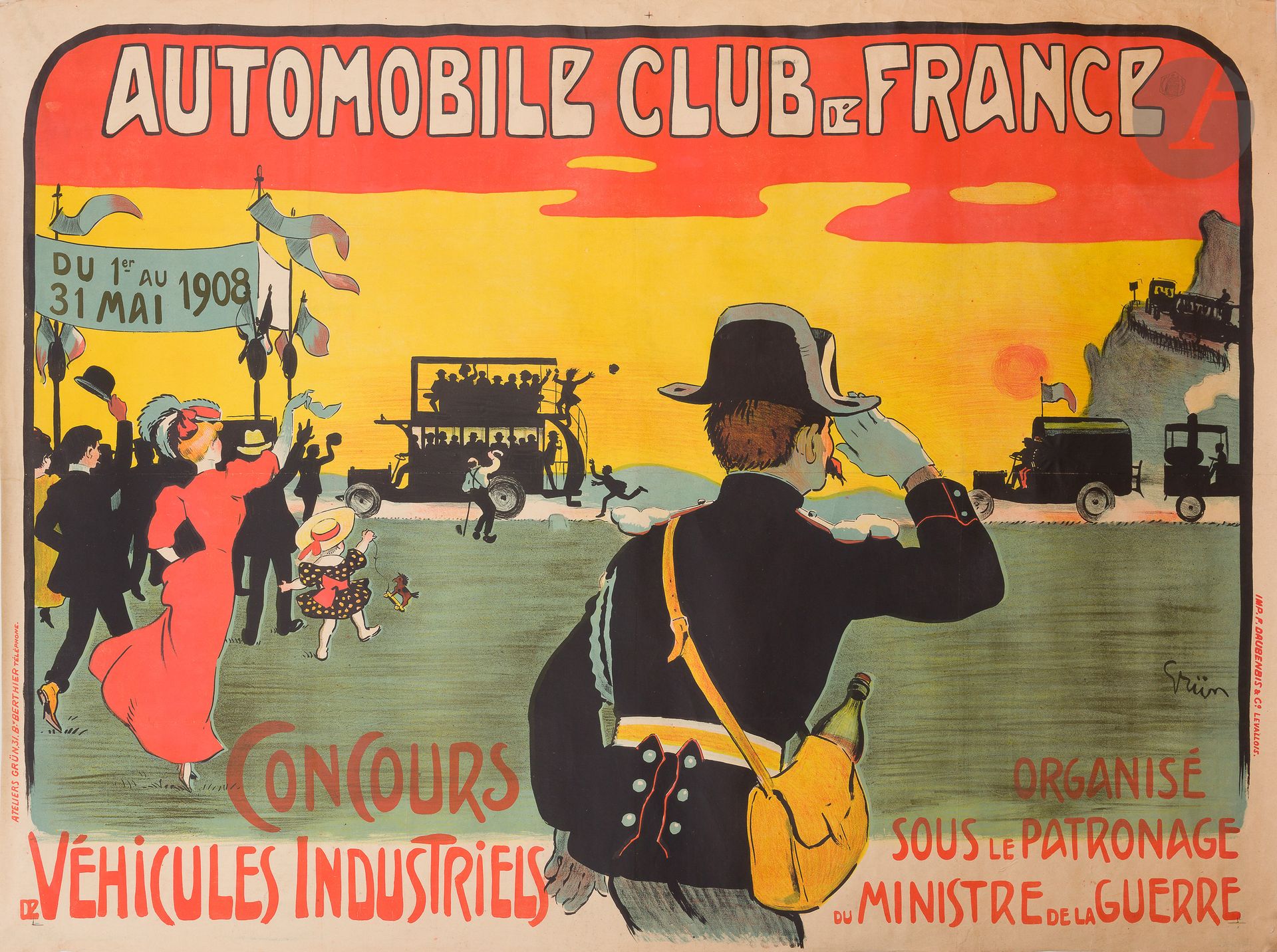 Jules Alexandre GRÜN (1868-1934)
Automobile club de France, concours de véhicules industriels, 1er mai-31-mai 1908
Chromolithographie. Entoilée.
Ateliers Grün, 31 Bd. Berthier, Paris.
Imp. F. Daubenbis & Cie, Levallois
Signée en bas à droite.
Bon état.
120 x 160 cm

Bibliographie :
Grün, p. 102.