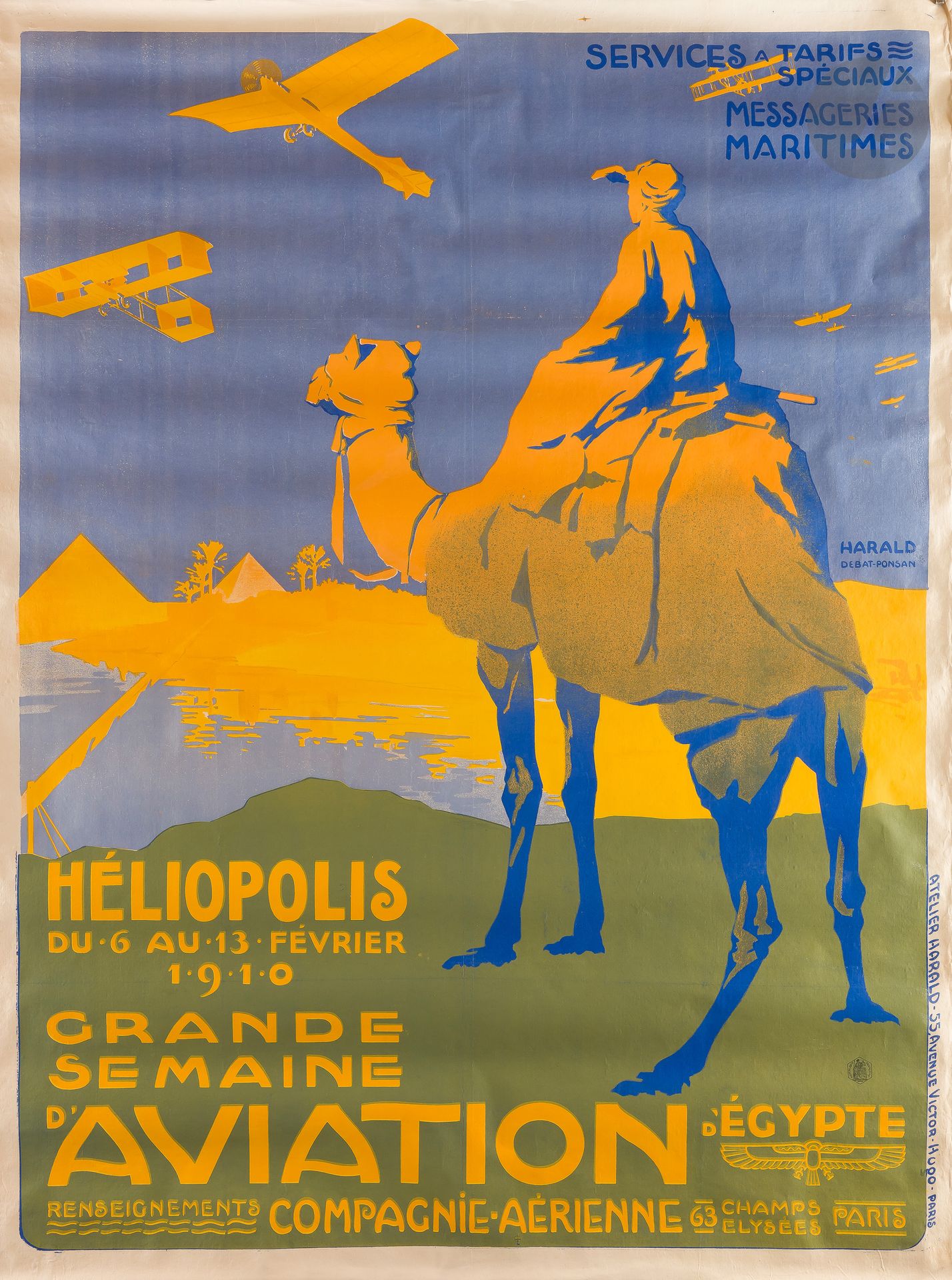 Harald DEBAT-PONSAN (1882-1942)
Héliopolis, grande semaine d’aviation d’Égypte, 6-13 février 1910
Chromolithographie. Entoilée.
Imp. Atelier Harald, 55 avenue Victor Hugo, Paris.
Signée au centre à droite.
Bon état. Très petites traces de plis.
157 x 120

Bibliographie :
Looping the loop, p. 55, n° 33.