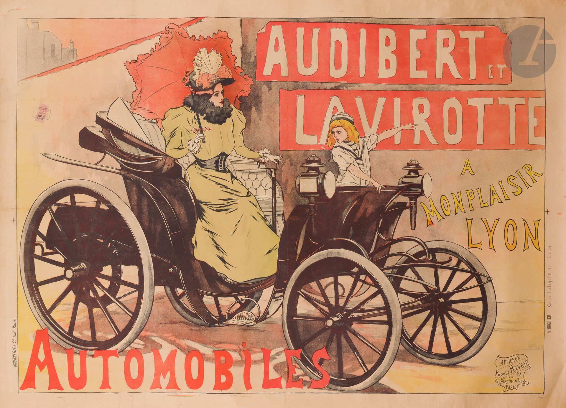 Louis HUVEY (1868-1954)
Audibert et Lavirotte automobiles à Monplaisir, Lyon
Chromolithographie. Entoilée.
Imp. Bourgerie & Cie, Paris.
Signée en bas à droite.
Bon état.
158 x 117 cm