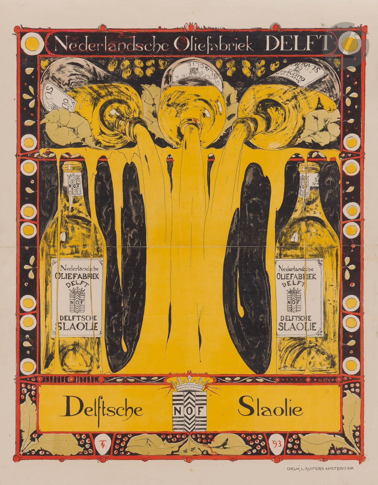 Theo NIEUWENHUIS (1866-1951)
Nederlandsche Oliefabriek, Delftsche Slaolie, 1893
Chromolithographie. Entoilée. 
Imp. Kuipers, Amsterdam.
Une affiche historique. Bon état. Trace de pli médian.
65 x 51

Bibliographie :
Marcel Franciscono and Stephen Prokopoff, The Modern Dutch Poster : The first fifty years, 1890-1940, MIT Press, 1987, p. 38, pl. 3.