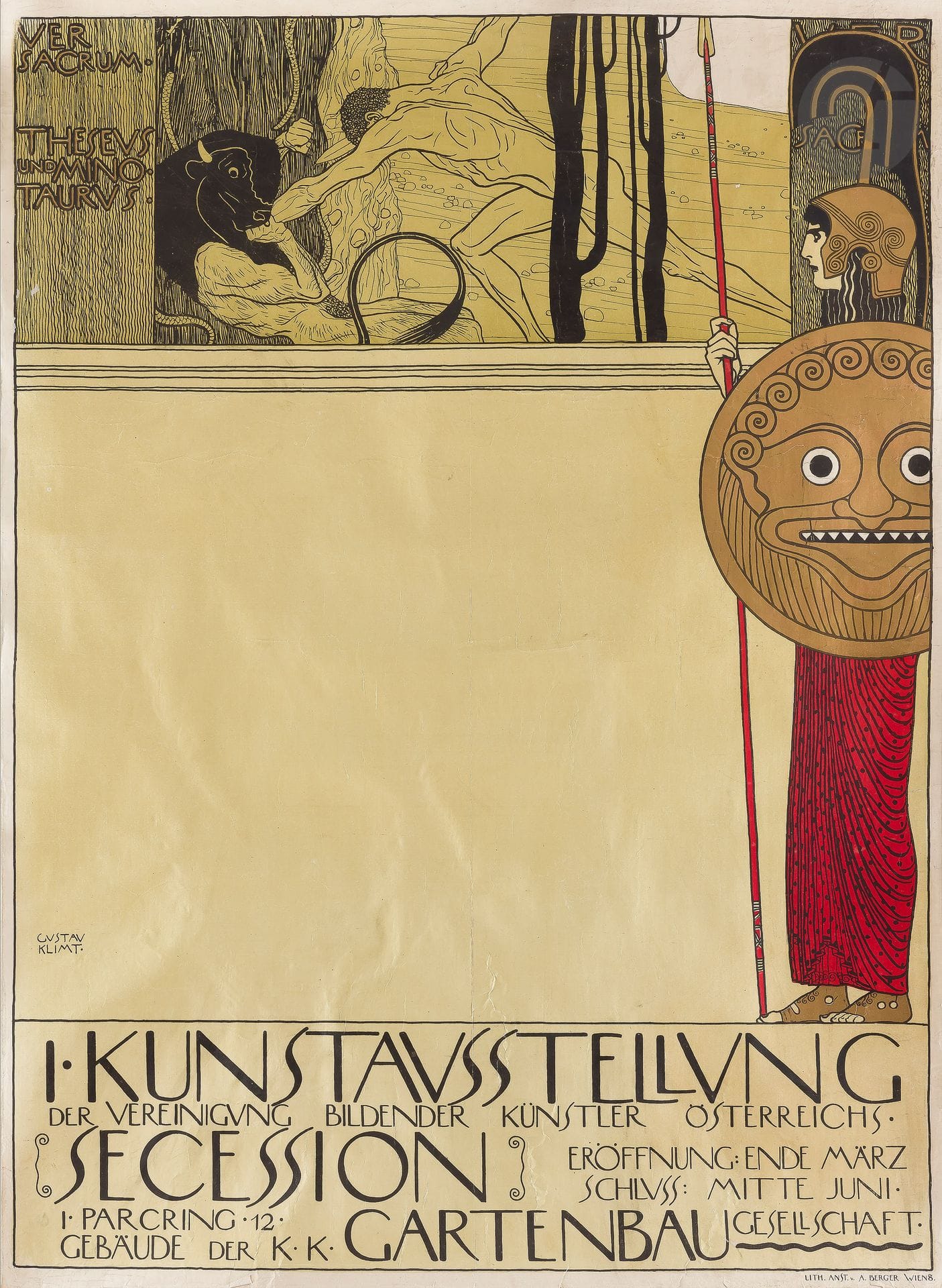 
Gustav KLIMT (1862-1918)



I. Kunstausstellung – Secession, 1898. (Version après la censure).



Chromolithographie. Entoilée.



Imp. Anst V. A. Berger, Vienne.



Signée vers le centre à gauche.



Bon état. Entoilage ancien.



97 x 71 cm





Bibliographie :



L’Affiche dans le monde, p. 117, n° 188.
