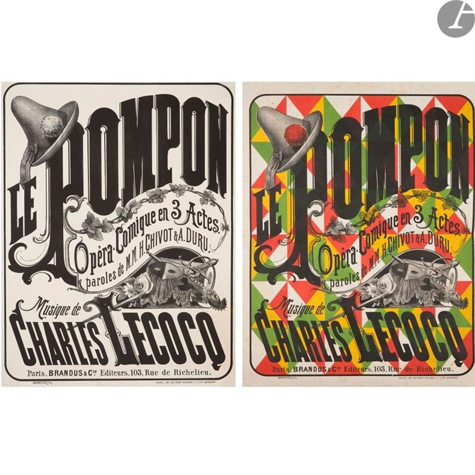 Antoine BARBIZET (1821-1886)
Le Pompon, 1875
Chromolithographie. Non entoilée.
Imp. Buttner-Tirry, 1 cité Bergère, Paris. Éd. Brandus &  Cie, Paris.
Signée en bas à gauche.
Bon état, quelques déchirures dans les marges dont une entrant dans l’image. Pli médian marqué.
71,5 x 55 cm

On joint :
Antoine BARBIZET (1821-1886)
Le Pompon, 1875
Lithographie. Non entoilée.
Imp. Buttner-Tirry, 1 cité Bergère, Paris. Éd. Brandus & Cie, Paris.
Signée en bas à gauche.
Bon état.
71,5 x 55 cm

Charles LÉVY (XIXe-XXe siècle)
Hérodiade
Chromolithographie. Non entoilée.
Éd. G. Hartman, 20 rue Daunou, Paris.
Bon état. Grandes marges.
71,5 x 56 cm

Bibliographie :
Lucy Broido, French Opera Posters 1868-1930, Dover Publications, New York, 1976, p. 11.
