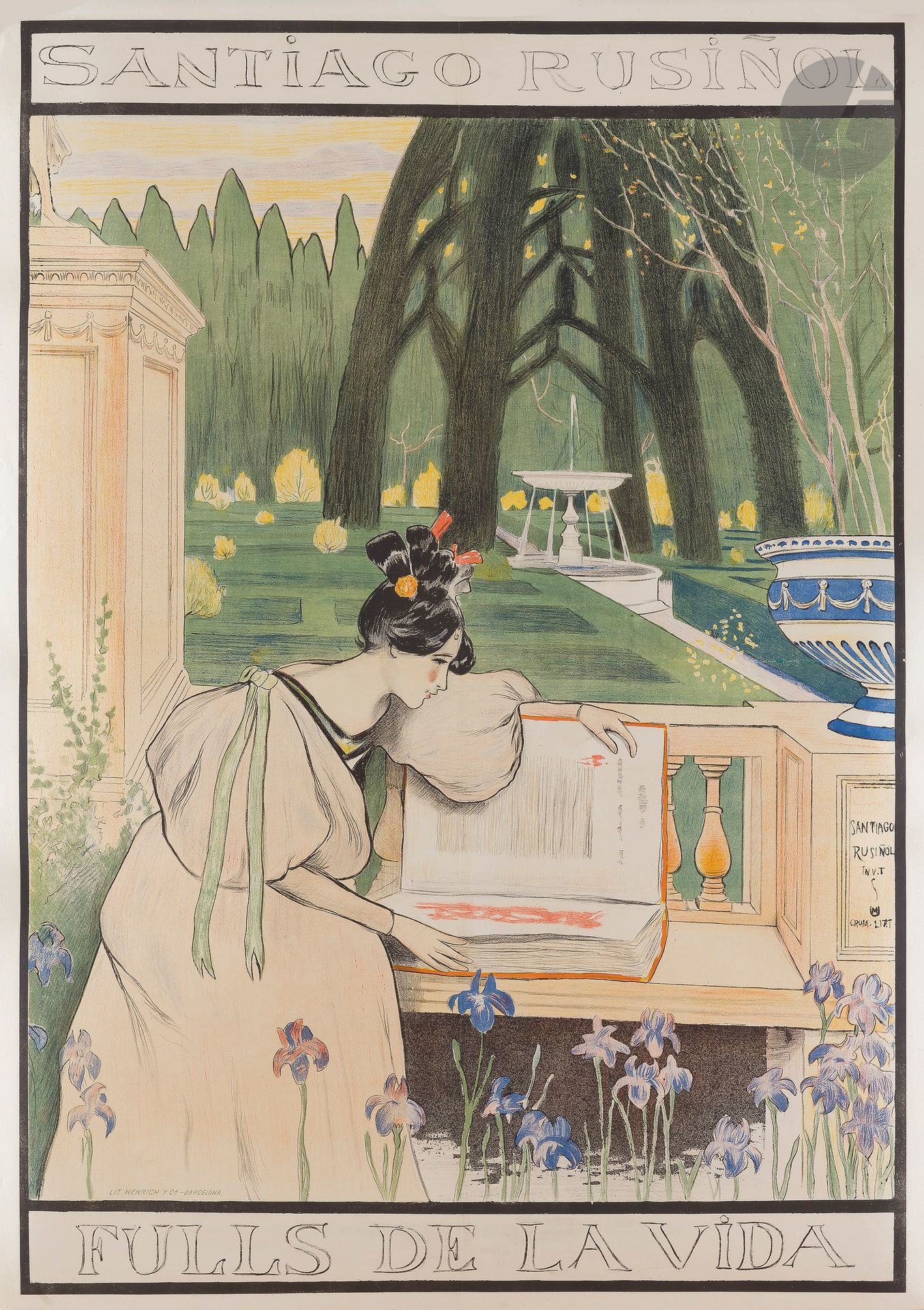Santiago RUSIÑOL Y PRATS (1861-1931)
Santiago Rusiñol fulls de la vida
Chromolithographie. Entoilée.
Imp. Henrich & Cie, Barcelona.
Signée au centre à droite.
Rare. Très bon état.
106 x 84 cm