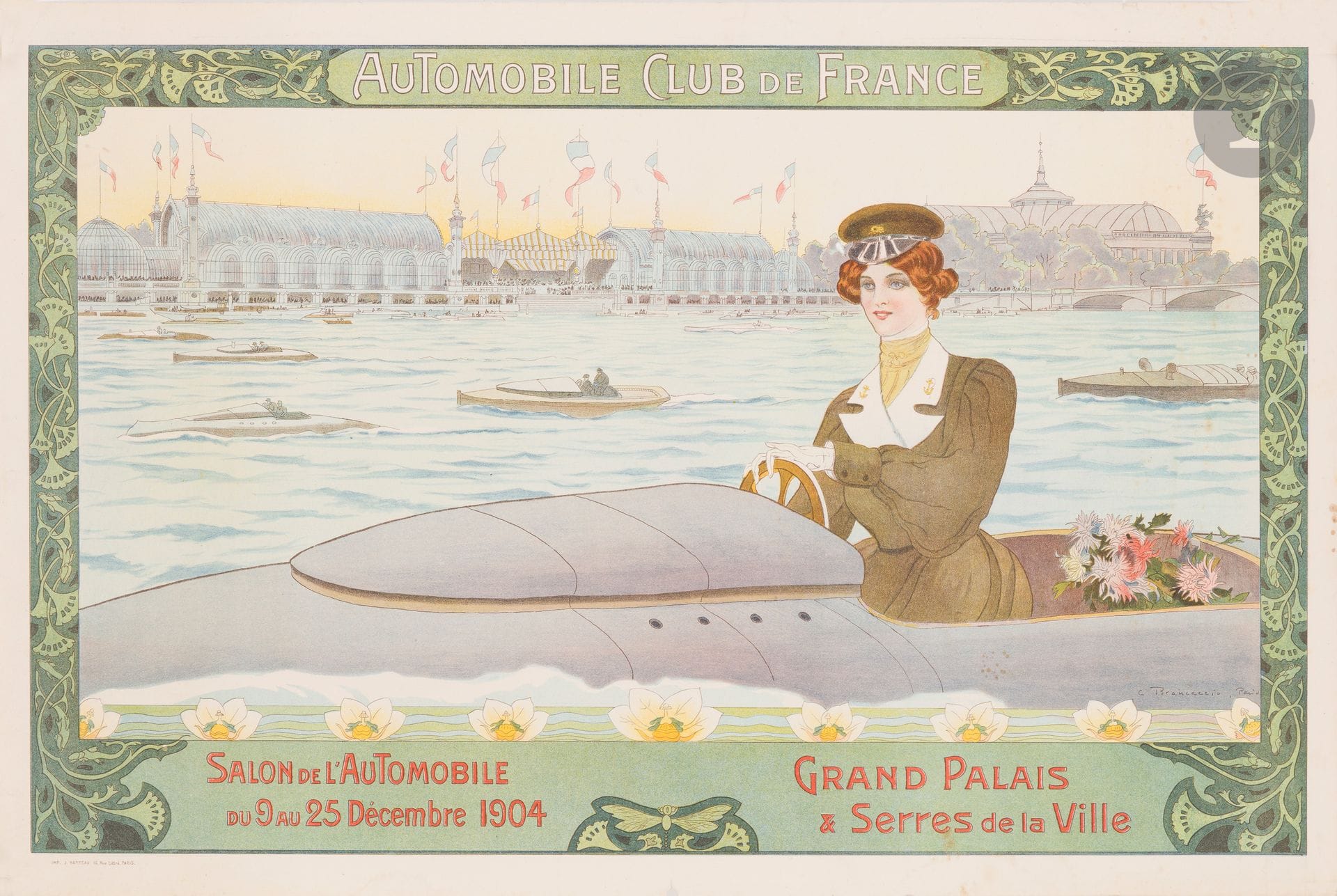 Carlo BRANCACCIO (1861-1920)
Salon de l’automobile au Grand Palais du 9 au 25 décembre 1904
Chromolithographie. Non entoilée.
Imp. J. Barreau, 16 rue Littré, Paris.
Bon état.
40 x 60 cm