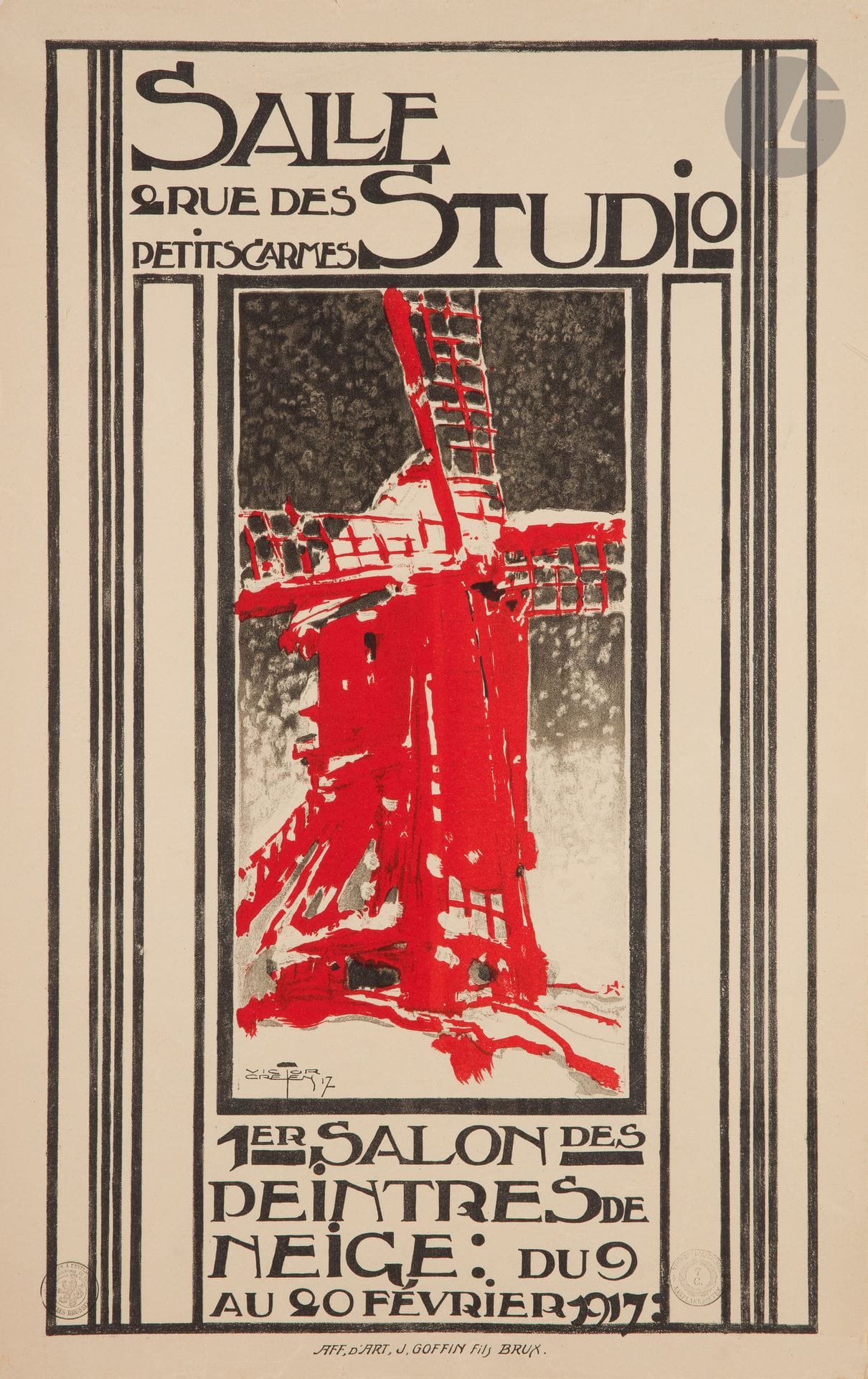 Victor CRETEN (1878-1966)
1er salon des peintres de neige à la salle Studio, 9-20 février 1917
Chromolithographie.
Imp. J. Goffin fils, Bruxelles.
Signée et datée en bas à gauche.
Bon état. Entoilage ancien.
68 x 43 cm

Bibliographie :
Œuvre conservée dans la collection de la commune de Schaerbeek sous le n° 1602.