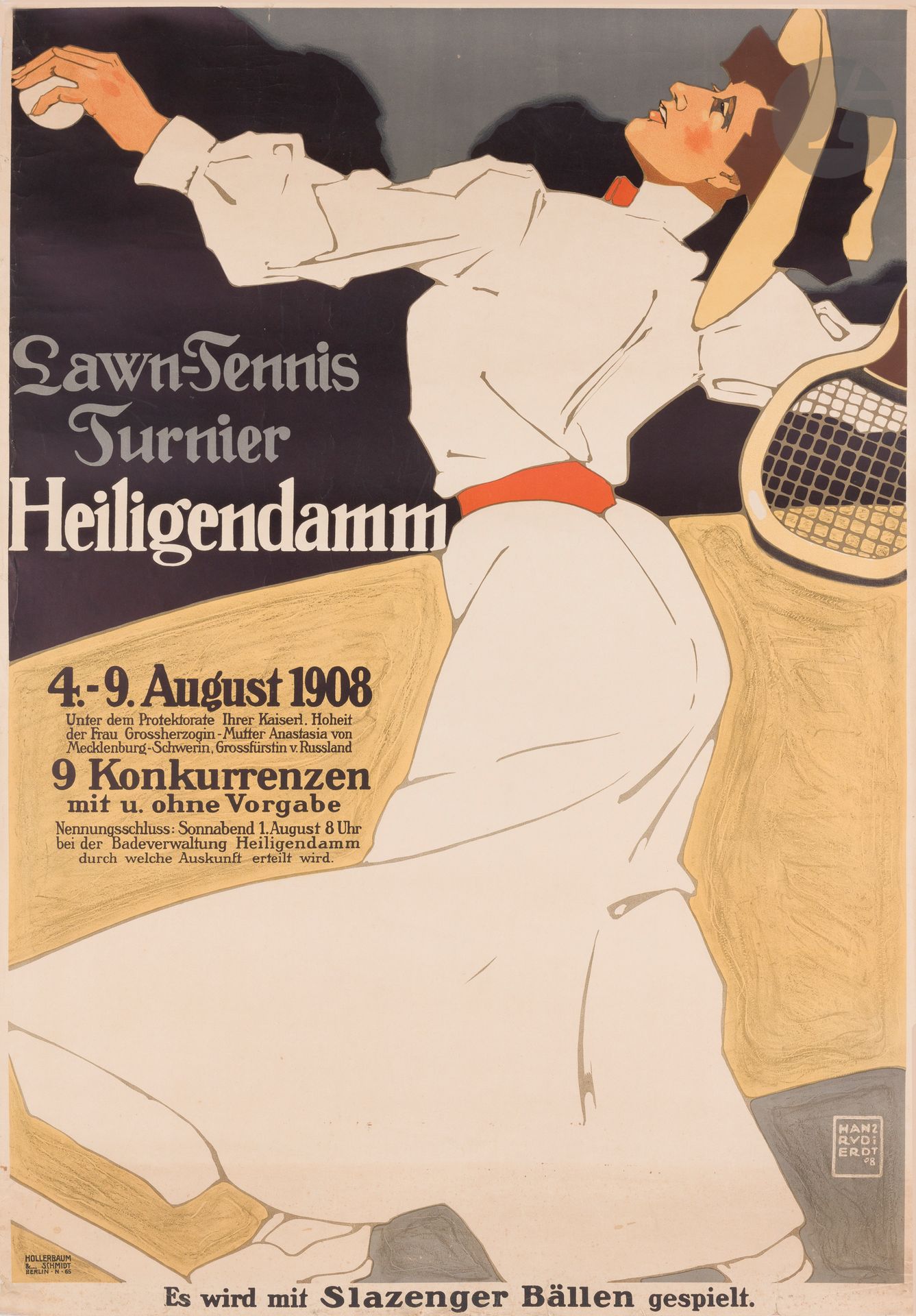 Hans RUDIERDT (1883-1918)
Lawn-Tennis Turnier Heiligendamm, 4-9 août 1908
Chromolithographie sur papier fort. Non entoilée.
Imp. Hollerbaum & Schmidt, Berlin.
Signée et datée en bas à droite.
Rare. Bon état. Couleurs très fraîches.
100 x 68 cm

Bibliographie :
DFP III, p. 58, n° 763.