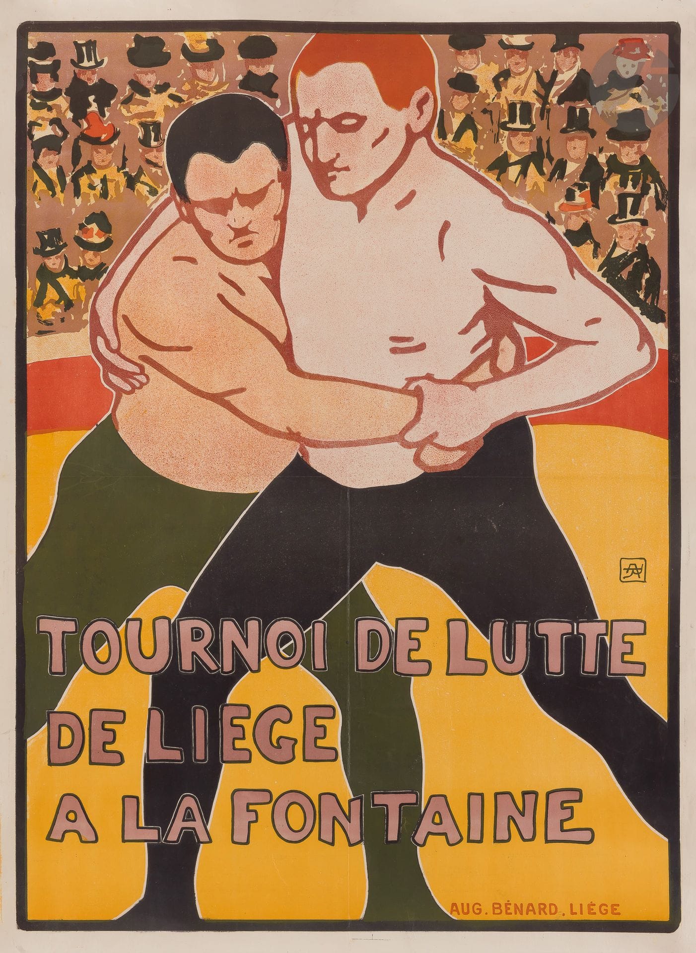 
Armand RASSENFOSSE (1862-1934)



Tournoi de lutte de Liège à la Fontaine, 1899



Chromolithographie. Entoilée.



Lith. Auguste Bénard, Liège.



Monogrammée au centre à droite.



Très bon état. Traces de plis.



100 x 65 cm





Bibliographie :



DFP II, p. 329, n° 112.
