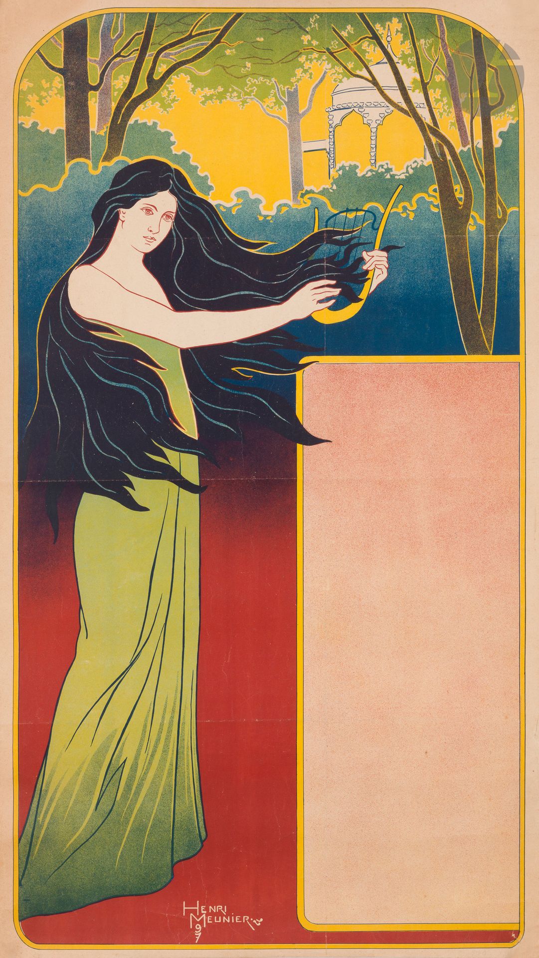 Henri-Georges MEUNIER (1873-1922)
Affiche pour les concerts du Vauxhall, Bruxelles, 1897. (Avant la lettre).
Chromolithographie. Entoilée.
Sans imp. 
Signée et datée en bas à droite.
Bon état. Entoilage ancien.
Couleurs fraîches. Pli médian, déchirures dans l’angle en bas à droite. 90 x 51 cm

Bibliographie :
DFP II, p. 314, n° 1077.