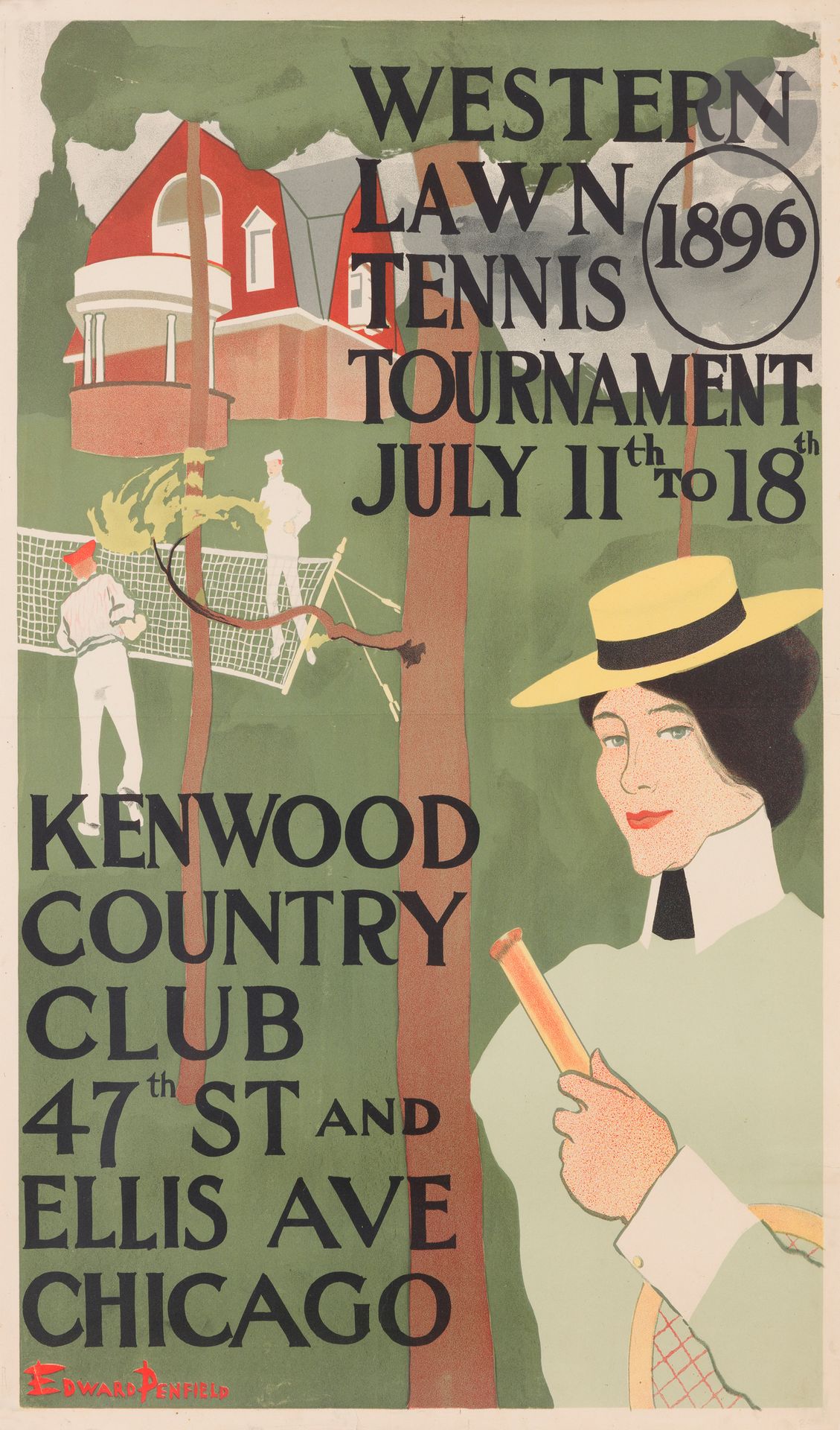Edward PENFIELD (1866-1925)
Western Lawn Tennis Tournament, 11-18 juillet 1896
Chromolithographie. Non entoilée.
Sans imp. 
Rare. Signée en bas à gauche.
Très bon état.
71 x 49,5 cm

Bibliographie :
DFP I, p. 96, n° 371.