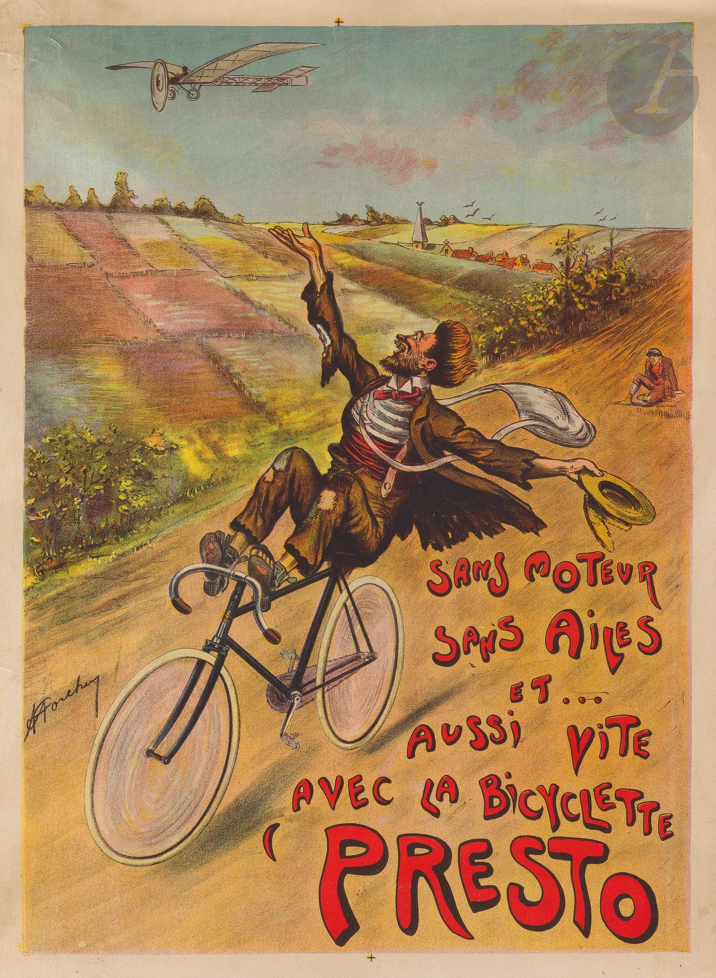 Joseph A. HORCHERT (1874-?)
Sans moteur, sans ailes et… aussi vite avec la bicyclette Presto
Chromolithographie. Entoilée.
Sans imp. 
Signée au centre à gauche.
Bon état. Plis.
80 x 60 cm

Bibliographie :
Looping the loop, pl. 3.