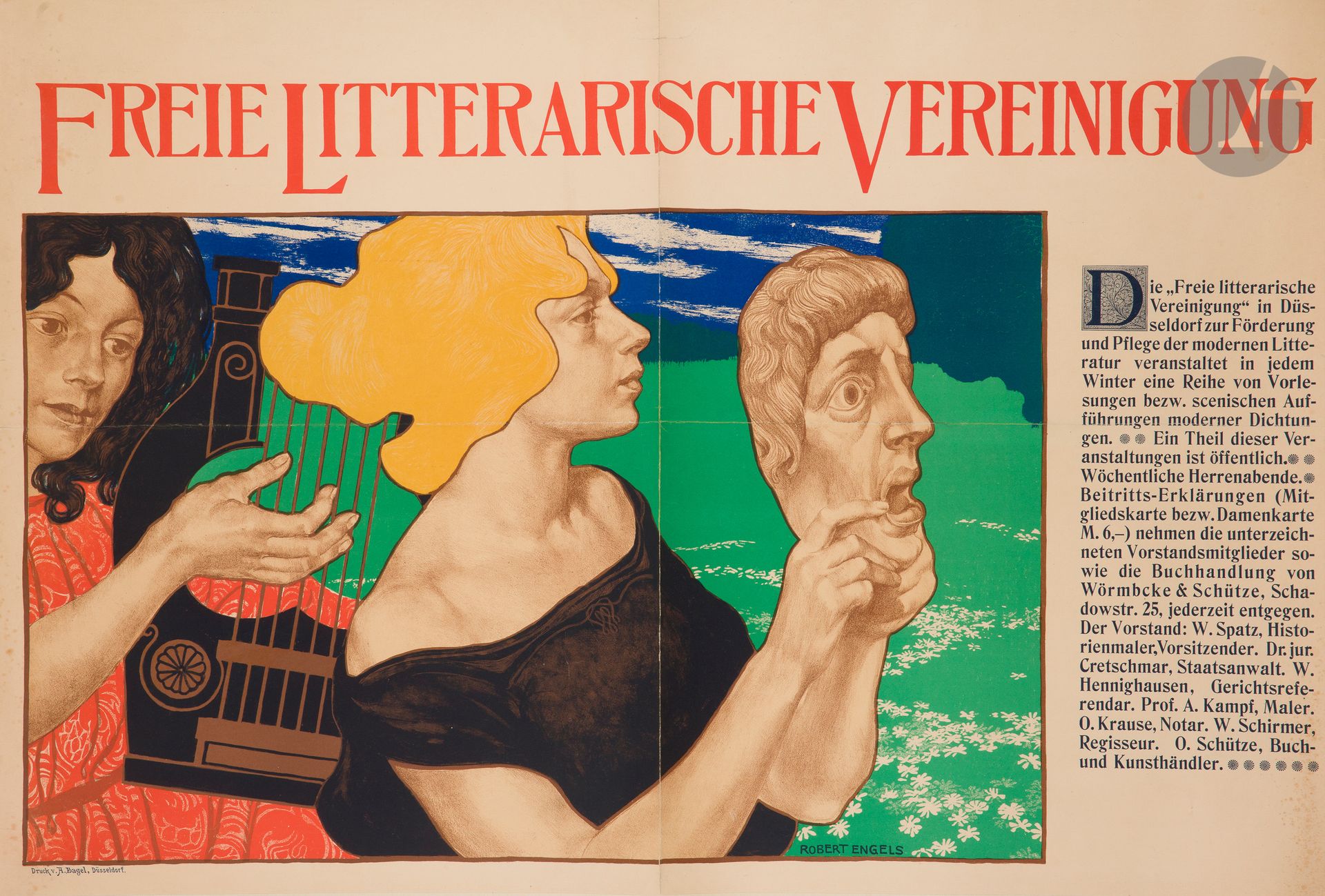 Robert ENGELS (1866-1926)
Freie Litterarische Vereinigung, 1896
Chromolithographie. Entoilée.
Imp. V. A. Bagel, Düsseldorf.
Signée en bas à droite.
Rare. Assez bon état. Pli vertical marqué. Rousseurs.
61 x 91 cm

Bibliographie :
Kunst Kommerz Visionen, deutsche Plakate, 1888-1933, Deutsches historisches museum, Éd. Braus, 1992, p. 45, n° 113.