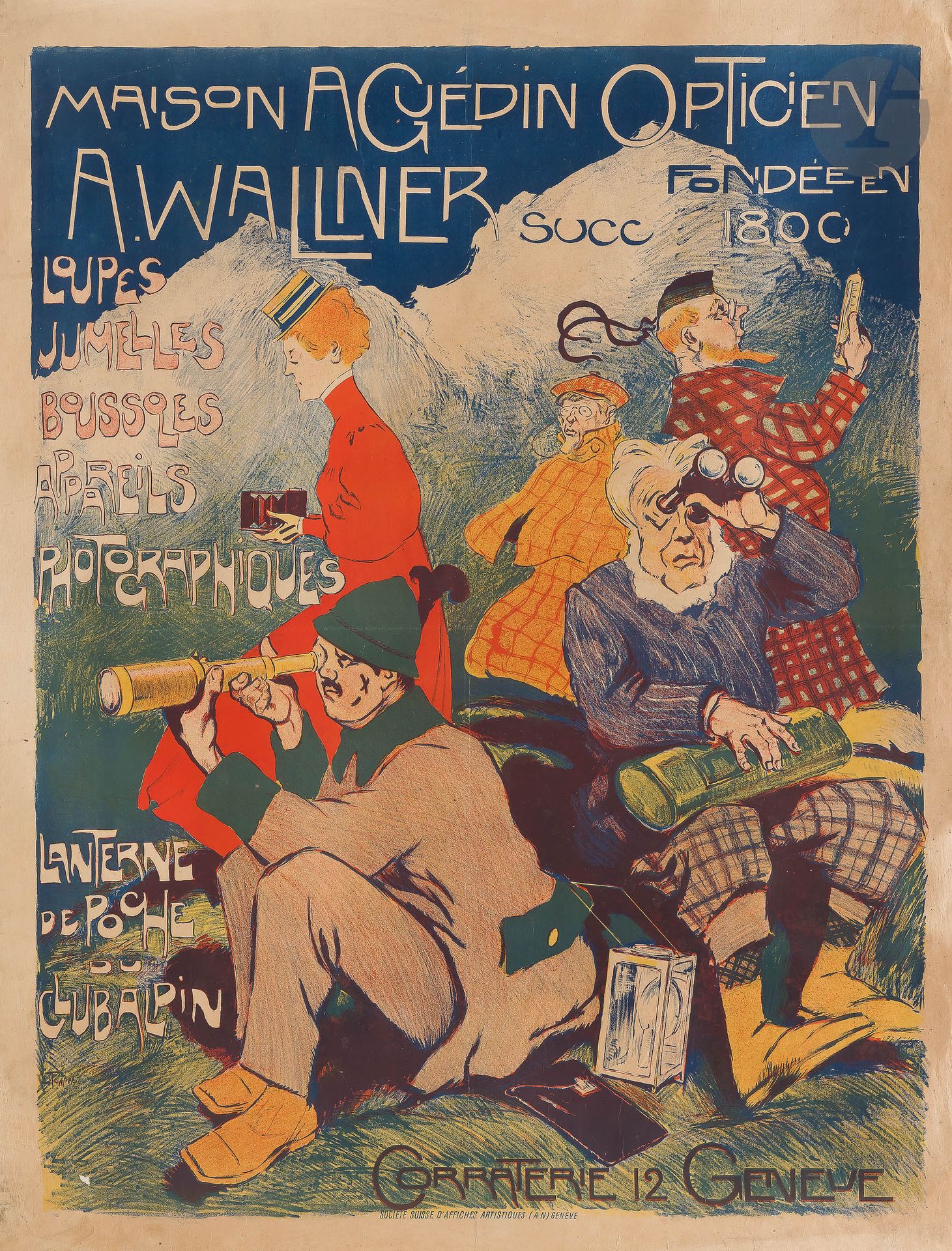 Jules FONTANEZ (1875-1918)
Maison A. Guédin Opticien à Genève, vers 1906
Chromolithographie. Entoilée.
Imp. Société suisse d’affiches artistiques, Genève.
Signée en bas à gauche.
Rare. Assez bon état. Papier jauni. Déchirures restaurées.
101 x 77 cm