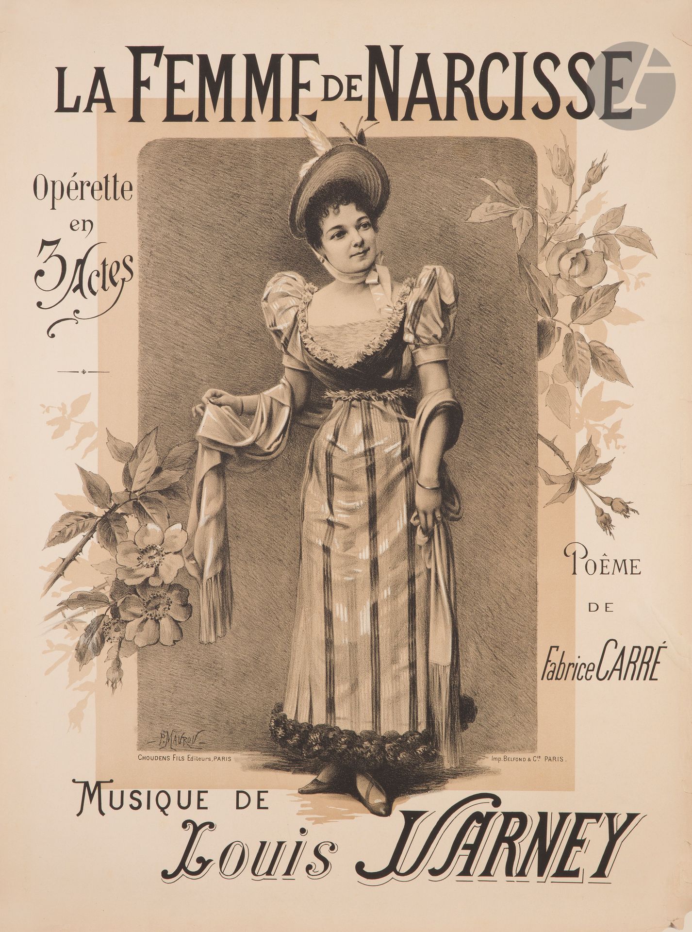 Paul Jean-Baptiste MAUROU (1848-1931)
La Fille de Fanchon, la vielleuse – La Femme de Narcisse
2 lithographies. Non entoilées.
Lith. Belfond & Cie, Paris. Éd. Choudens fils, Paris.
Signées en bas à gauche.
Bon état. Grandes marges pour la première.
80,5 x 60,5 cm