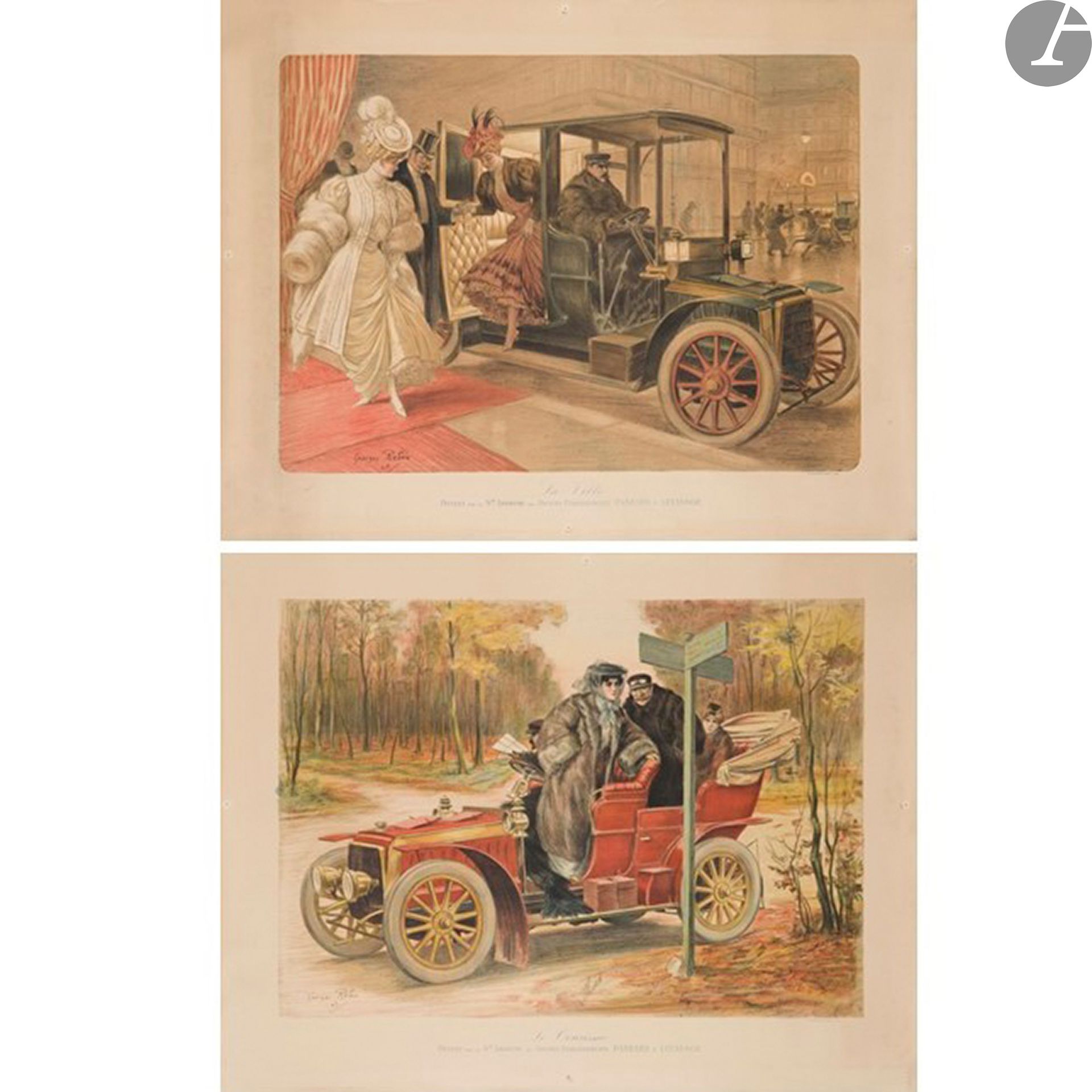 Georges REDON (1869-1943)
La Ville – Le Tourisme ; offerts par la Sté Anonyme des anciens établissements Panhard & Levassor, 1905
2 chromolithographies. Non entoilées.
Imp. Minot, Paris.
Rares. Signées et datées en bas à gauche.
Bon état.
69,5 x 76 cm