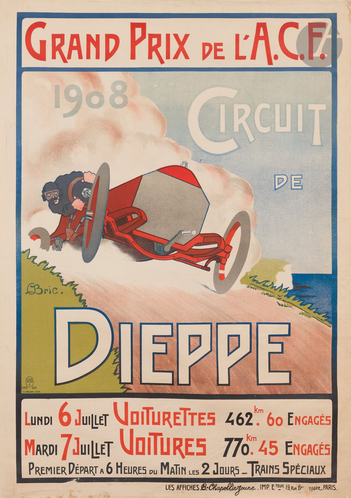 Georges Géo-Bric (XIXe-XXe siècle)
Grand Prix de l’A.C.F., Circuit de Dieppe, 1908
Chromolithographie. Entoilée.
Imp. Les Affiches Chapelier jeune, 19 rue Beaurepaire, Paris.
Signée au centre à gauche.
Bon état. Petits manques en bas à droite. Taches en bas n’affectant pas l’image.
103 x 74 cm