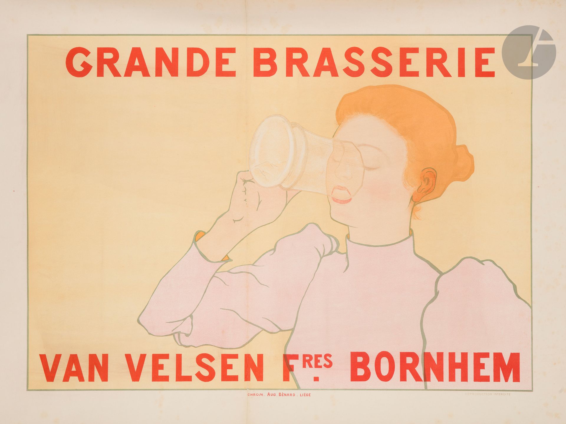 
Armand RASSENFOSSE (1862-1934)



Grande Brasserie Van Velsen Fres. Bornhem, 1896



Chromolithographie. Entoilée.



Imp. Auguste Bénard, Liège.



Non signée.



Bon état. Quelques taches. Pli médian.



64 x 73 cm





Bibliographie :



DFP II, n° 1112.
