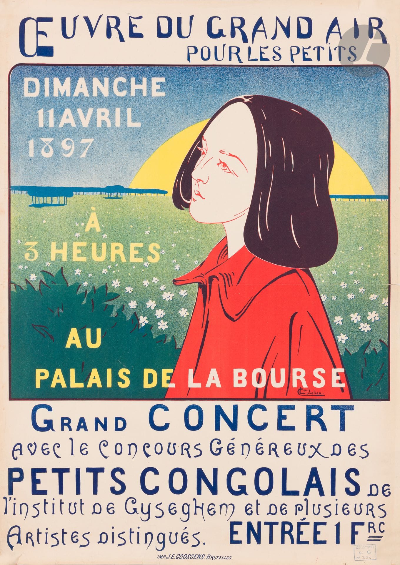 Louis CUVELIER (XIXe-XXe siècle)
Œuvre du grand air pour les petits, Palais de la Bourse, 11 avril 1897
Chromolithographie. Non entoilée.
Imp. J. E. Goossens, Bruxelles.
Signée en pied.
Bon état.
72 x 52,5 cm

Provenance :
Collection Charles Joseph Guillemain, son cachet en bas à droite n° 204 (Lugt 4766).