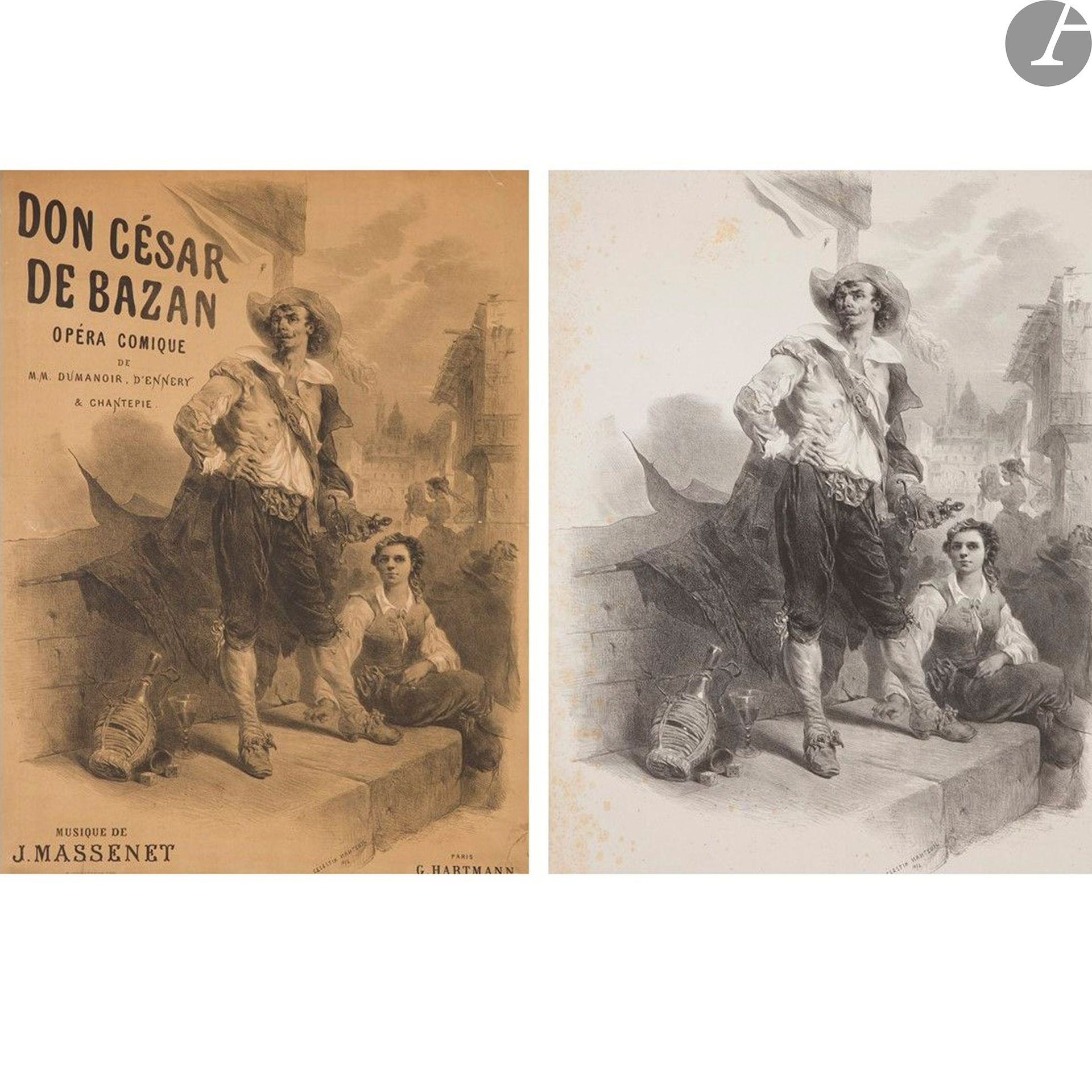 Célestin François NANTEUIL (1813-1873)
Don César de Bazan, 1872
Lithographie. Entoilée.
Imp. Lemercier, Paris. Éd. G. Hartman, Paris.
Signée et datée en bas à droite.
Bon état.
62,5 x 55,5 cm

On joint :
Célestin François NANTEUIL (1813-1873)
Don César de Bazan. 1872.
Rare épreuve avant la lettre.
Lithographie contrecollée sur papier fort.
Signée et datée en bas à droite.
Bon état. Rousseurs.
81 x 62,5 cm

Bibliographie :
Maindron I, p. 149.