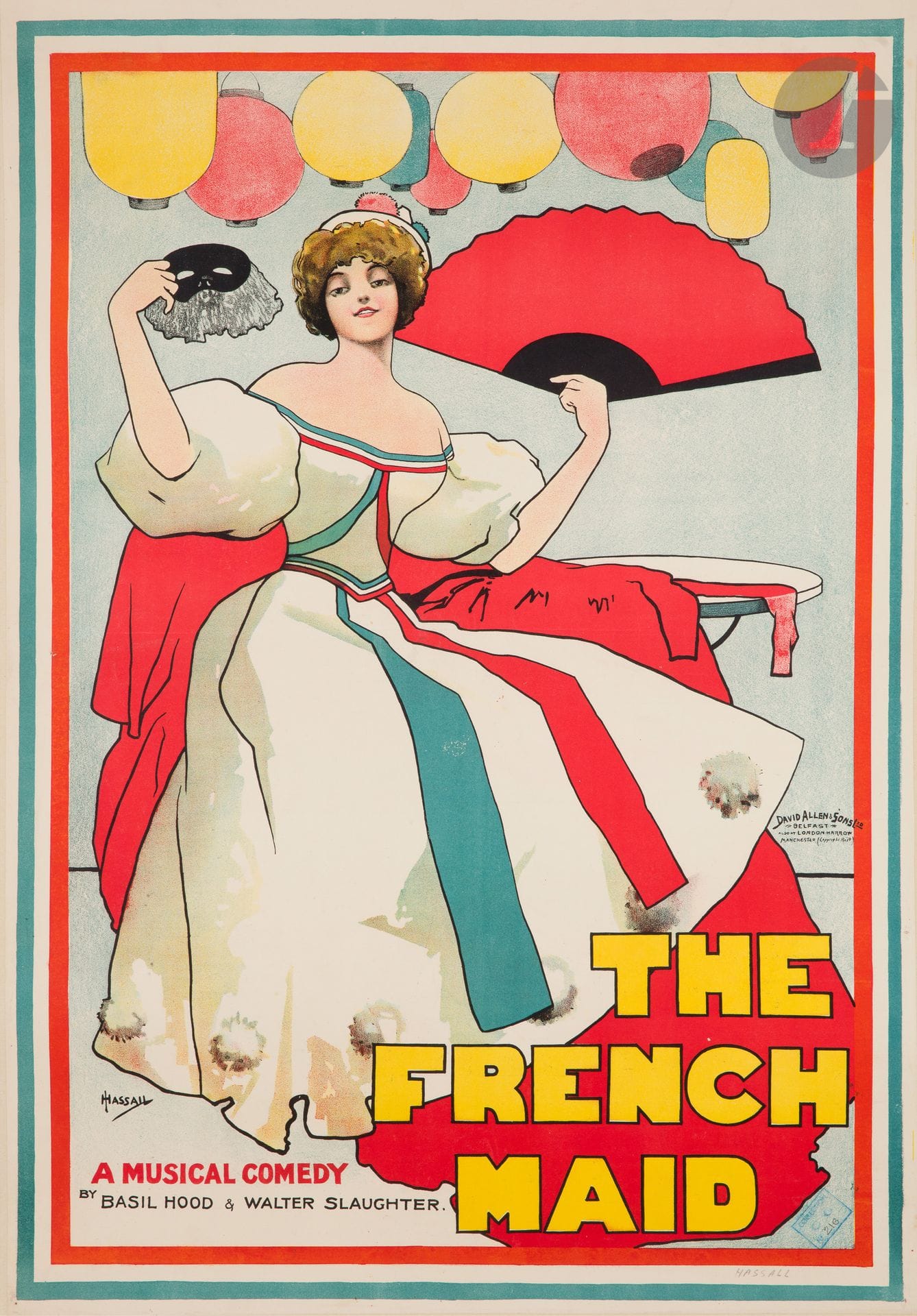 John HASSALL (1868-1948)
The French Maid
Chromolithographie. Entoilée.
Imp. David Allen & Sons, Belfast-London-Manchester-New York.
Signée en bas à gauche.
Très bon état.
74 x 51 cm

Provenance :
Collection Charles Joseph Guillemain, son cachet en bas à droite n° 216 (Lugt 4766).

Bibliographie :
DFP I, p. 18, n° 63.