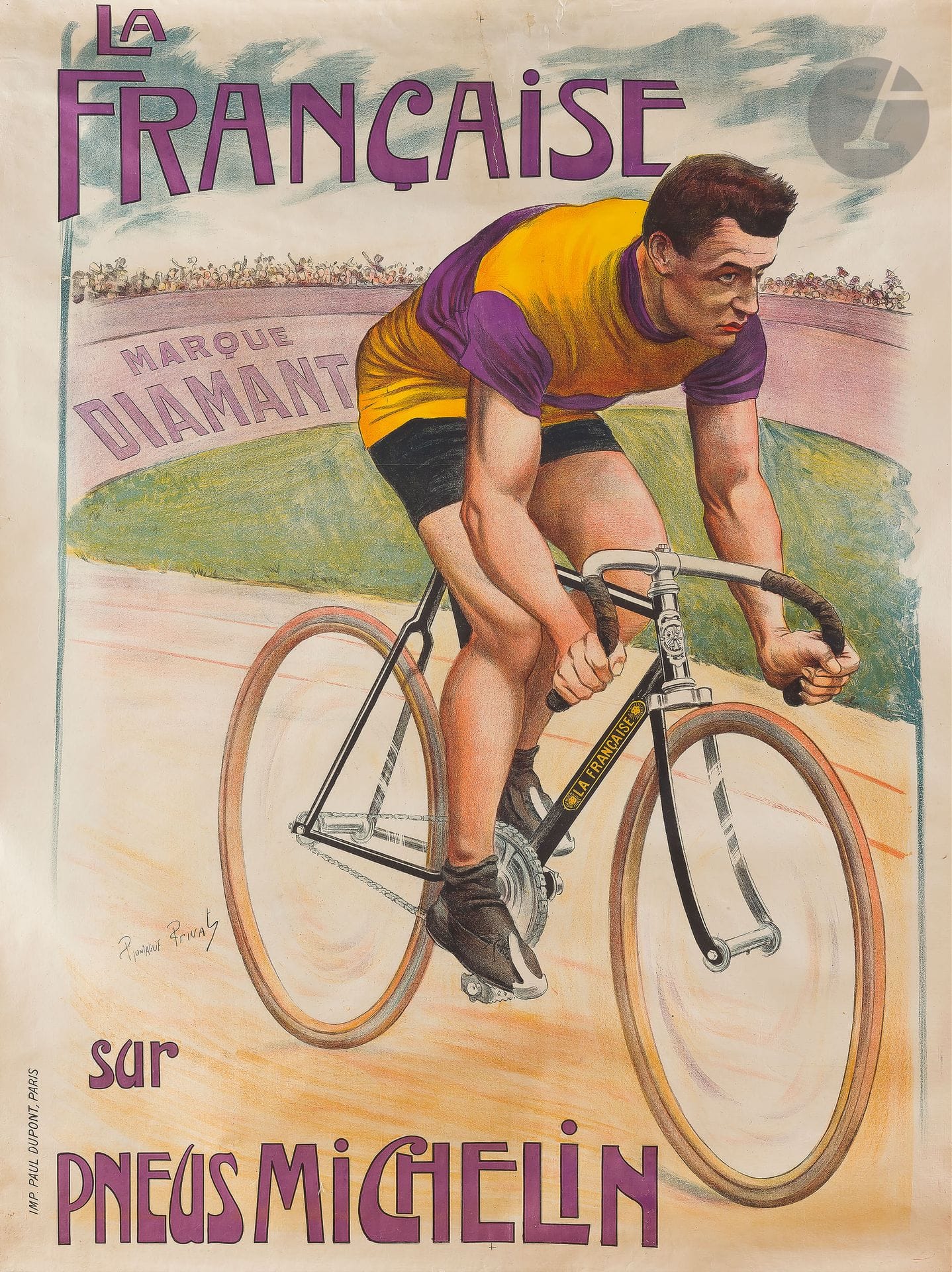 Pierre Marie Gonzague PRIVAT (1880-1915)
La Française sur pneus Michelin
Chromolithographie. Entoilée.
Imp. Paul Dupont, Paris.
Signée en bas à gauche.
Bon état.
149 x 114 cm