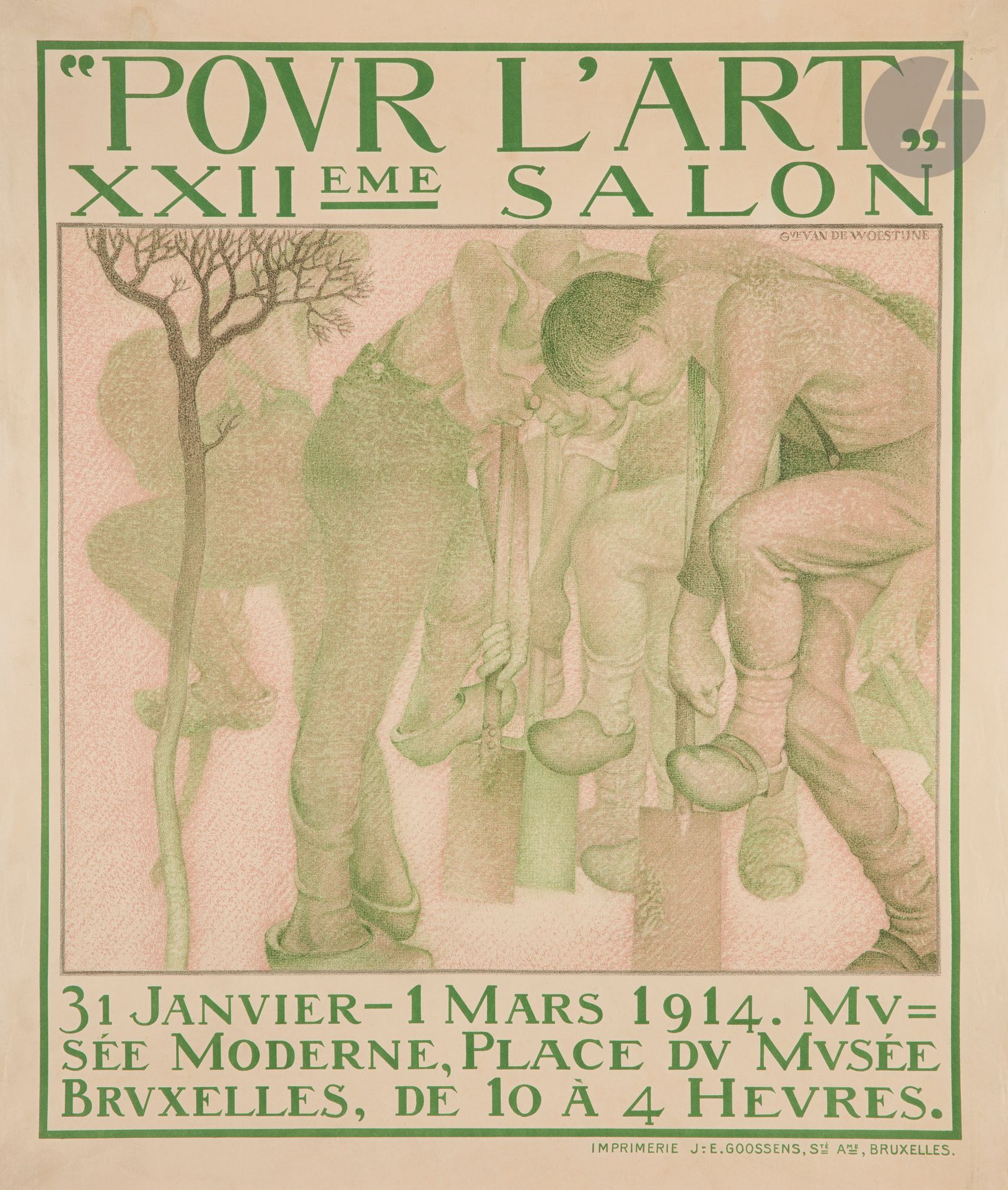 
Gustave VAN DE WOESTYNE (1881-1947)



« Pour l’art », XXIIe Salon au Musée moderne, 31 janvier-1er mars 1914



Chromolithographie.



Lith. J.E. Goossens, Bruxelles.



Signée en haut à droite.



Bon état.



69 x 59 cm





Bibliographie :



L’Affiche belge 1900, p. 233, n° 52.
