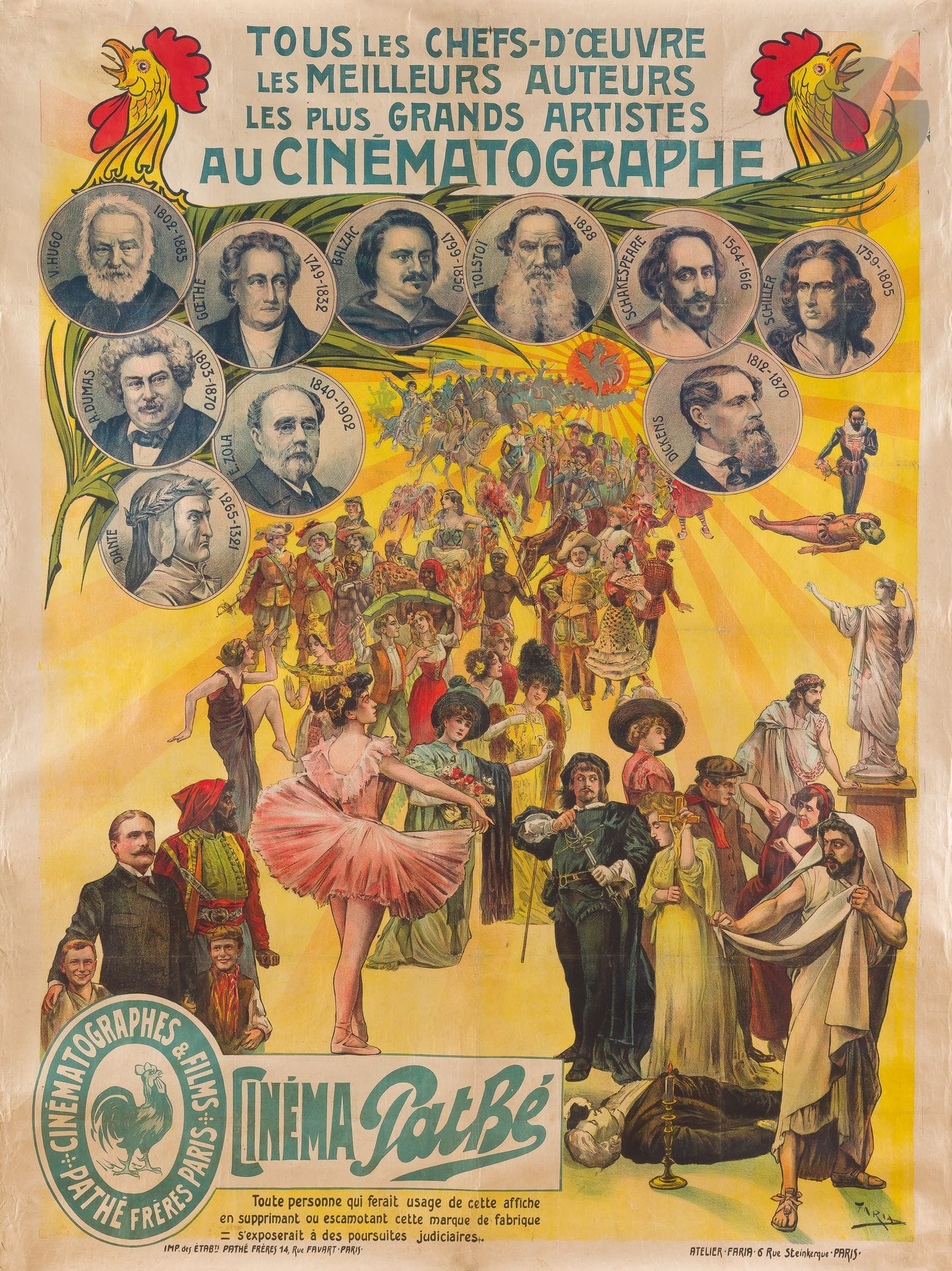 
Jacques FARIA (1898-1956)



Cinéma Pathé, tous les chefs-d’œuvre, les meilleurs auteurs, les plus grands artistes, au cinématographe



Chromolithographie. Entoilée.



Imp. Pathé frères, 14 rue Favart, Paris. Ateliers Faria, 6 rue Steinkerque, Paris.



Signée en bas à droite.



Bon état. Traces de plis marqués.



157 x 117 cm
