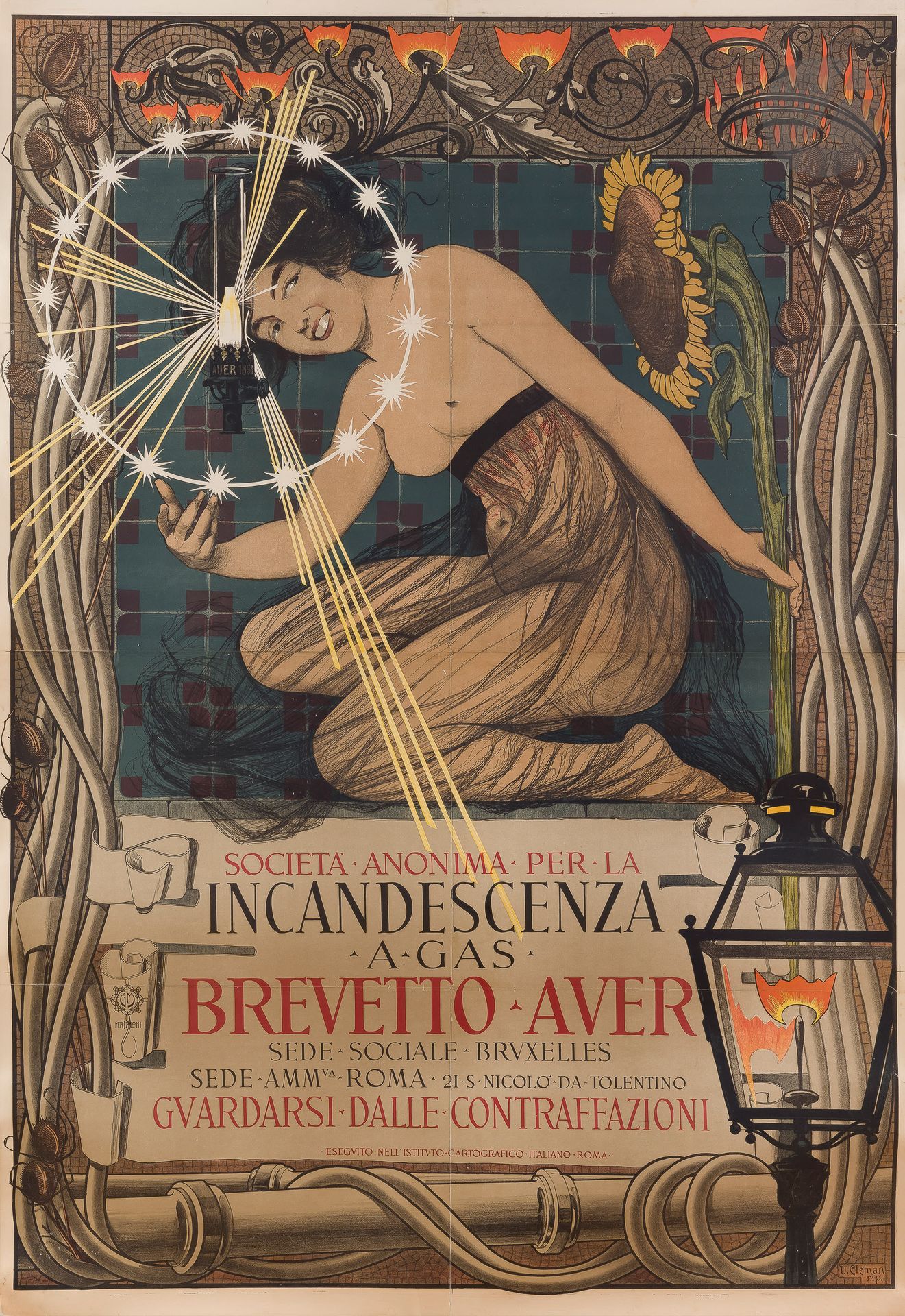 Giovanni Maria MATALONI (1869-1944)
Incandescenza a gas Brevetto Auer, 1895
Chromolithographie. Entoilée.
Imp. U. Cleman RIP. 
Signée vers le bas à gauche.
Bon état. Pli médian et traces de plis. Petite déchirure restaurée.
150 x 101 cm

Bibliographie :
L’Affiche dans le monde, p. 84, n° 135.