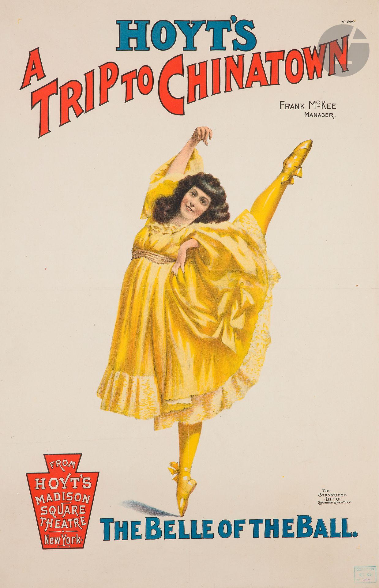 ANONYME
Hoyt’s a Trip to Chinatown, the Belle of the Ball
Chromolithographie. Entoilée.
Lith. The Strobridge & co, Cincinnati & New York.
76 x 49 cm

Provenance :
Collection Charles Joseph Guillemain, son cachet en bas à droite n° 209 (Lugt 4766).