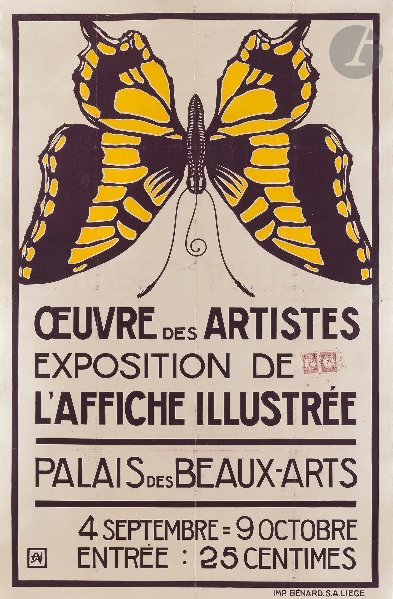 Armand RASSENFOSSE (1862-1934)
Œuvre des artistes, exposition de l’affiche illustrée au Palais des Beaux-Arts, 4 septembre –9 octobre
Chromolithographie. Entoilée.
Imp. Bénard, Liège.
Monogrammée en bas à gauche.
101 x 65 cm

Nous n’avons pas trouvé de référence concernant cette affiche.