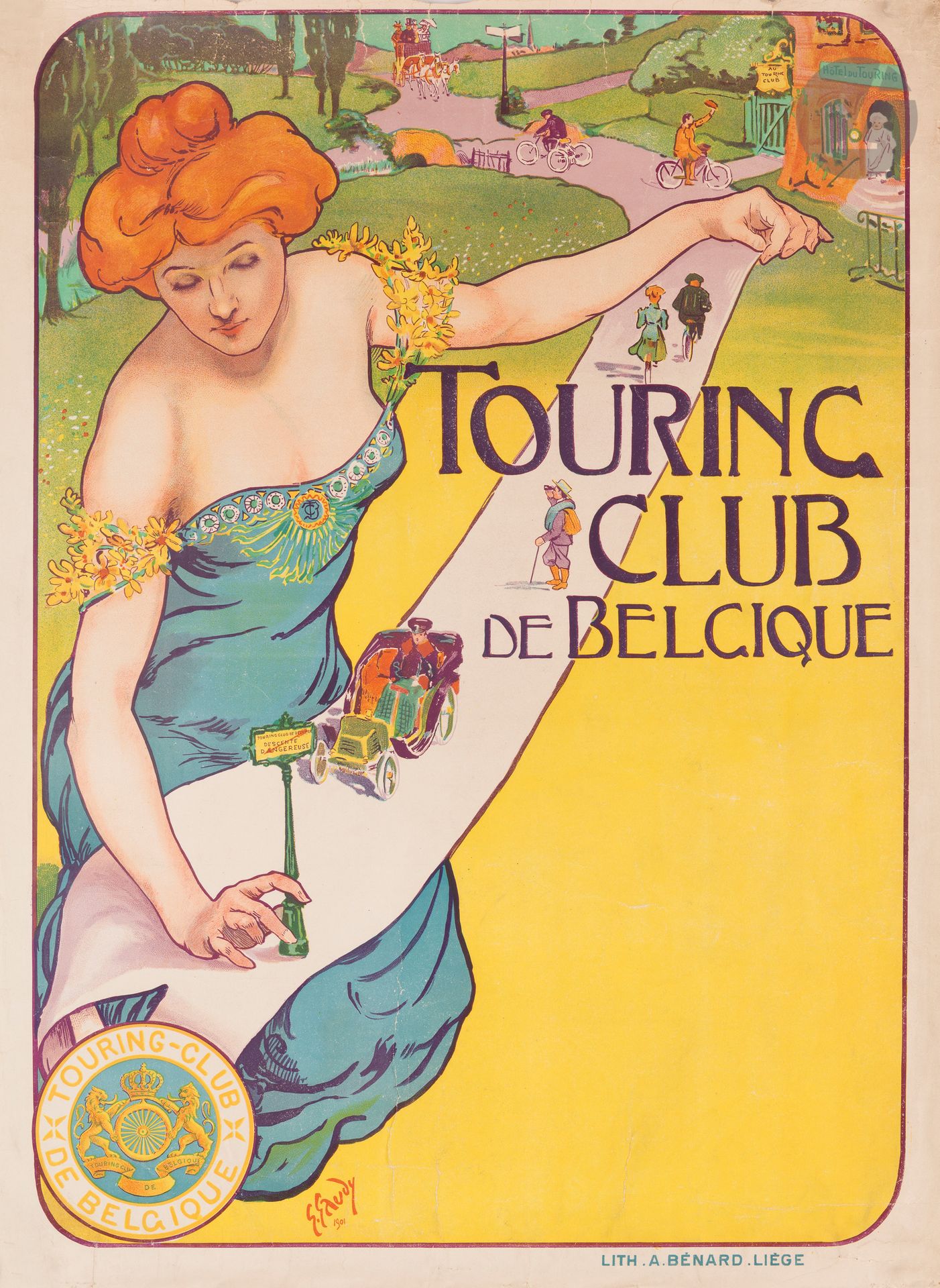 Georges GAUDY (1872-1940)
Touring club de Belgique, 1901
Chromolithographie. Entoilée.
Lith. A. Bénard, Liège.
Signée et datée en bas à gauche.
Bon état. Déchirure en pied.
63 x 86 cm

Bibliographie :
 Affiches de l’imprimerie Bénard, cat. exp. (Liège, Cologne, collection du musée de la vie wallonne, 24 avril-22 mai 1980), Éd. Lebeer-Hossmann, Bruxelles-Hambourg, 1980, 28, n° 15.
