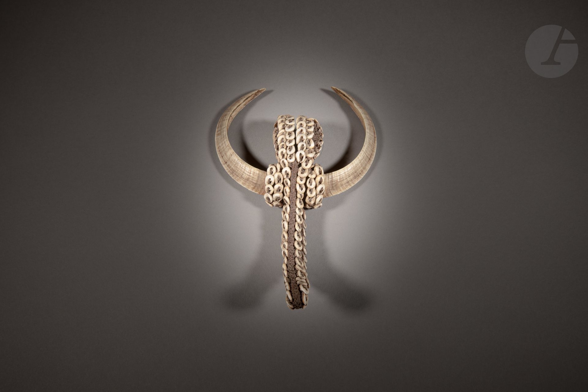 
Ancient and very beautiful male nose ornament.

In the classic form of a curved crescent, evoking a crocodile adorned with pig's teeth, this nasal ornament ends in two large loops through which a rod was passed laterally into the pierced nasal septum. Worn by the men among other occasions of funerals or head hunts this type of nasal ornament could also be attached to skulls or masks when they embody ancestors.

Probably Iatmul, Middle Sepik, Papua New Guinea

Pig's teeth, fiber basketry, nassa shells, very nice patina of use.

H. 19 cm



Provenance:

- Collected by Pierre Langlois and Marcel Évrard in 1959-60

- Former collection of Marcel Évrard



Exhibition and Publication :

Oceania at the CRACAP (National Center of Research of Animation and Creation for the Plastic Arts) 1971, fig.42 of the catalog
